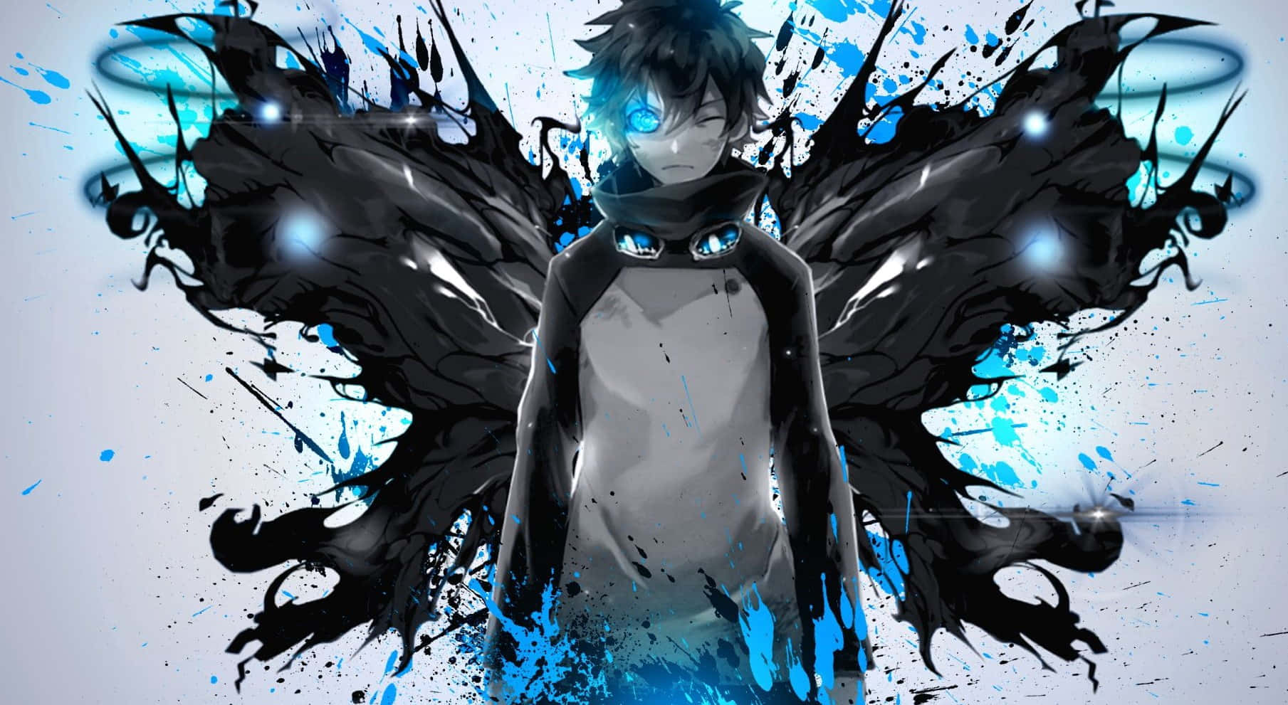 動漫男孩 桌布 壁紙 — 一個深色頭髮的動漫男孩，擁有發光的藍色眼睛和黑色翅膀，站在動態的藍色和黑色油漆飛濺背景中。