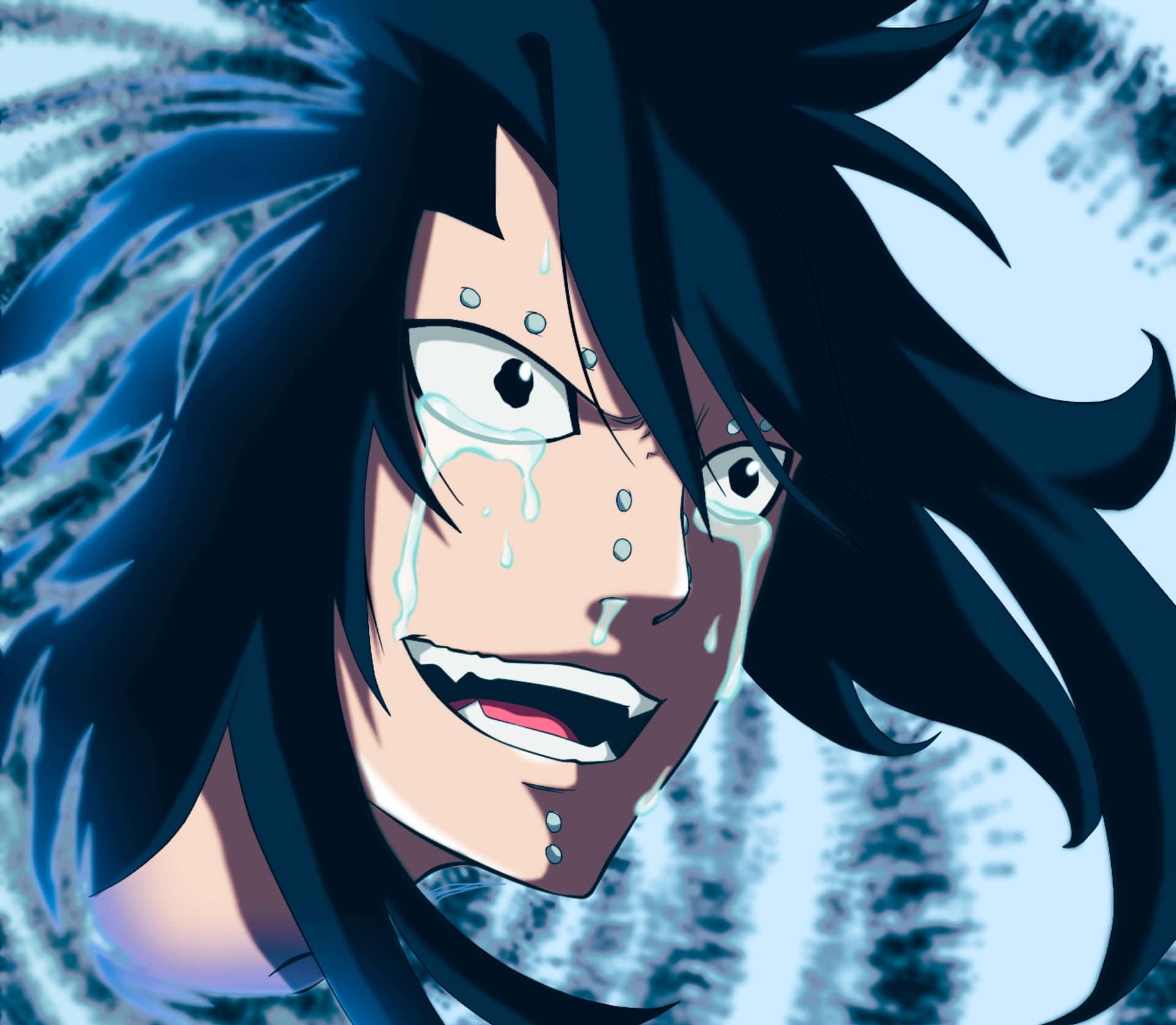 Gajeel Redfox 桌布 壁紙 — 一個深色頭髮的動漫角色，在旋轉的藍色背景上淚流滿面。