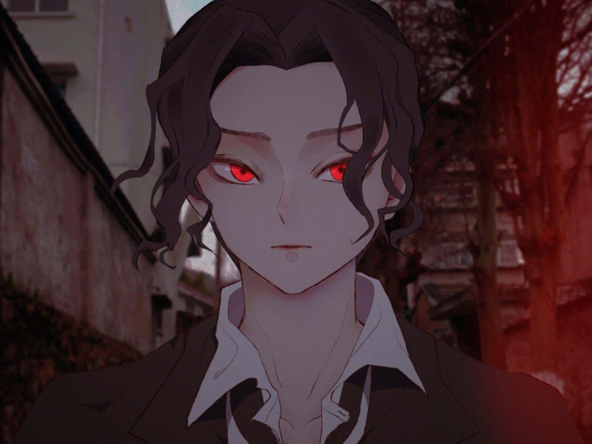 Red Eyes 桌布 壁紙 — 一個深色頭髮的動漫角色，在狹窄的小巷中，被深紅色的光芒籠罩，用發光的紅色眼睛專注地凝視著。