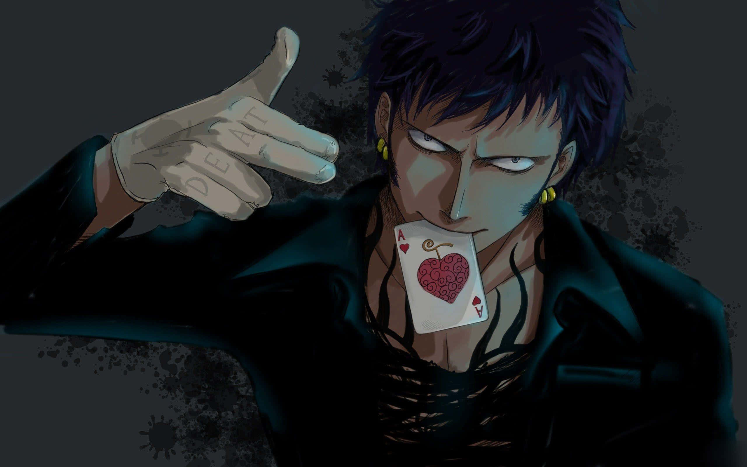 Anime Character 桌布 壁紙 — 一個深色頭髮的動漫角色，戴著手套的手做出「交易」手勢，在粗糙的黑色背景上拿著一張紅心A牌。