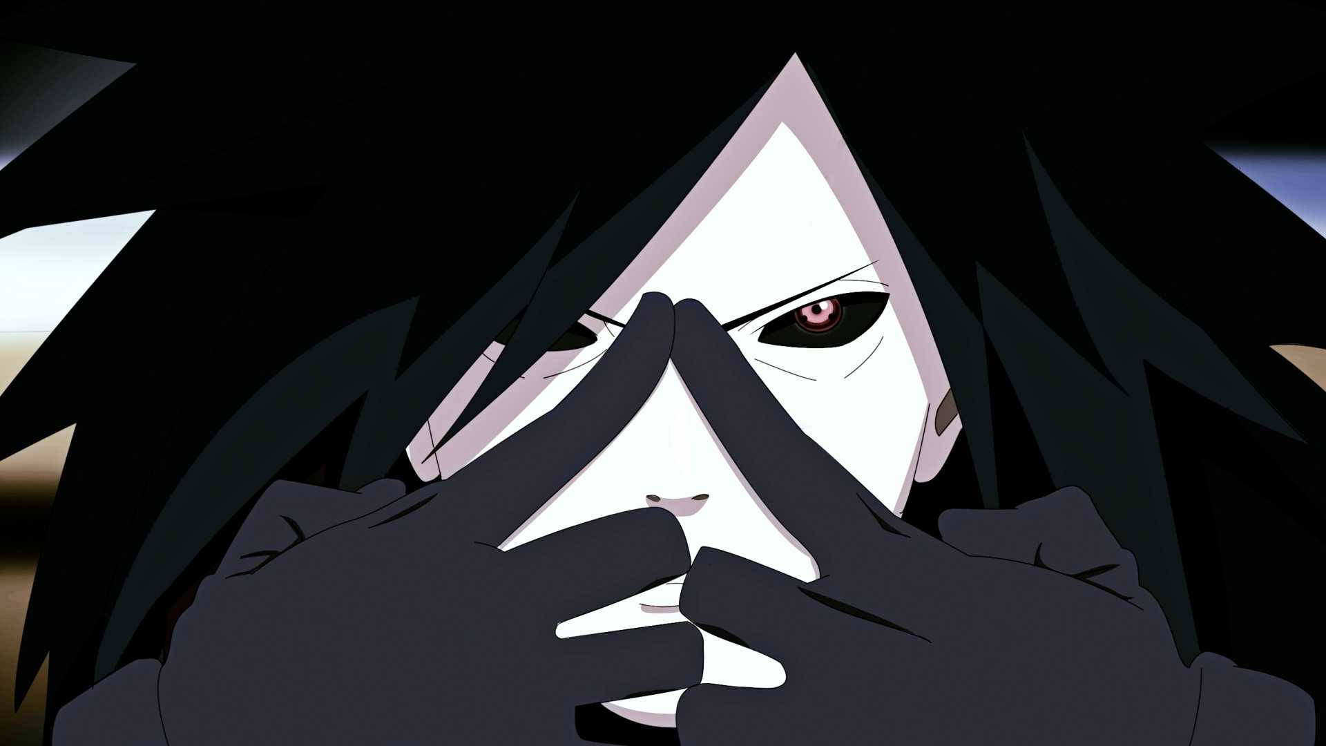 Uchiha 桌布 壁紙 — 一個深色頭髮的動漫角色，戴著白色面具和紅色眼睛，用戴手套的手遮住臉，背景是黑色。