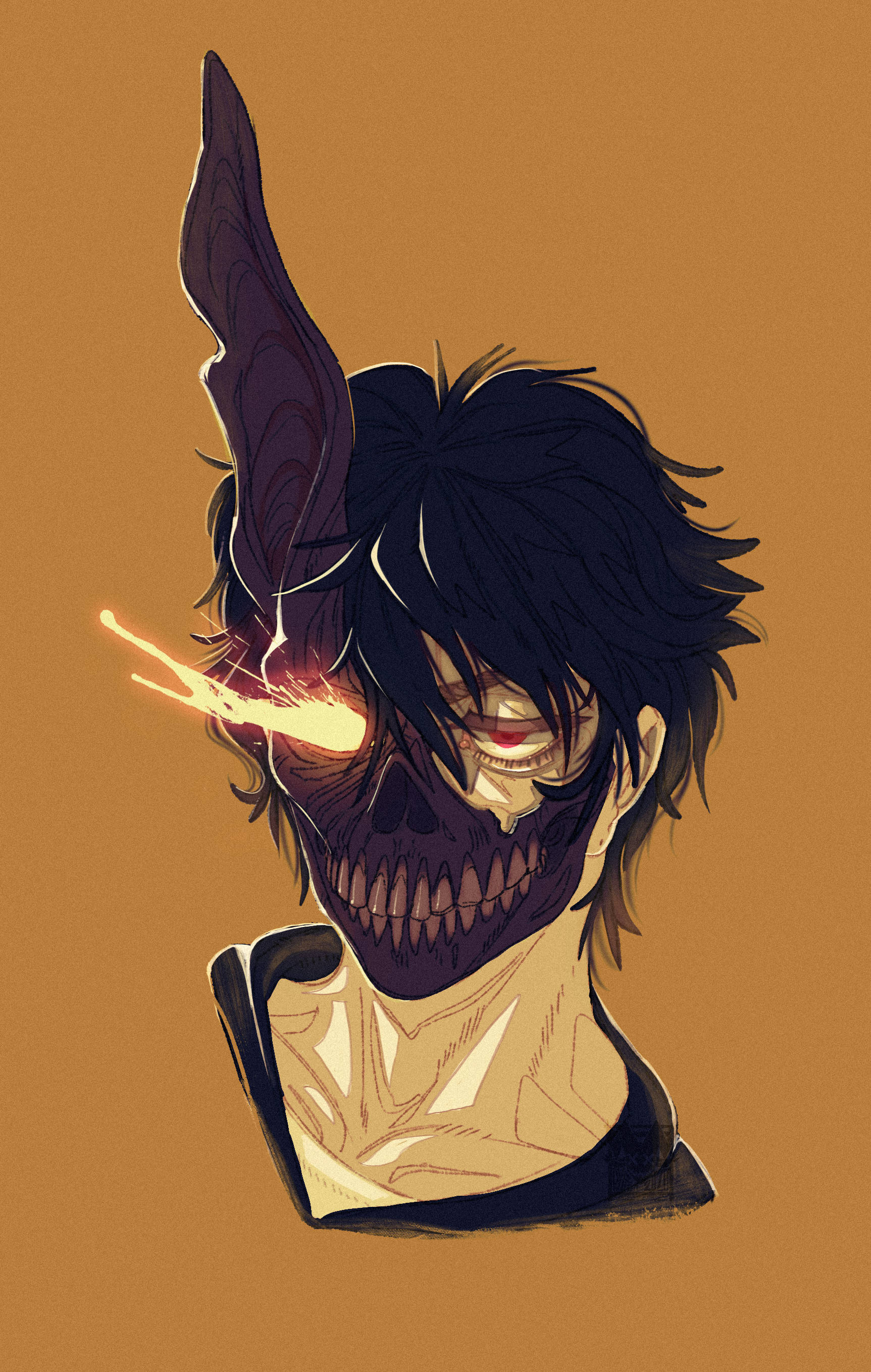 Corpse 桌布 壁紙 — 一個深色頭髮的動漫角色，擁有發光的眼睛和惡魔角，背景是溫暖的棕色。