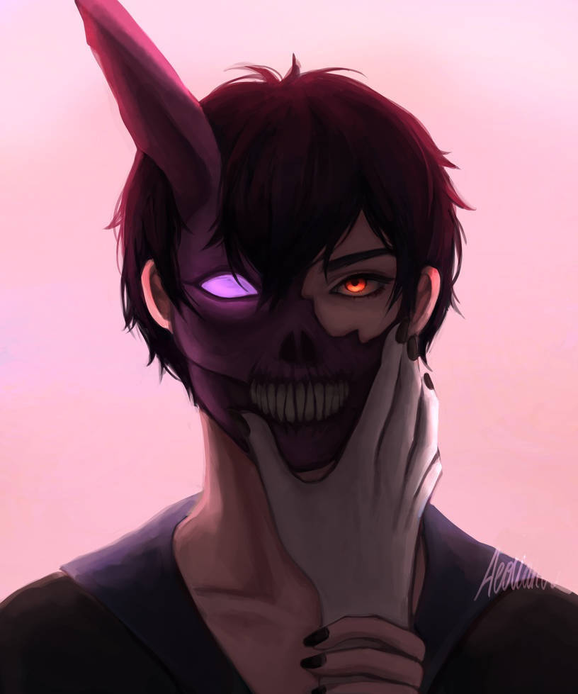 Corpse 桌布 壁紙 — 一個深色頭髮的動漫角色，擁有發光的眼睛和骷髏面具，觸摸下巴對著柔和的粉紅色背景。