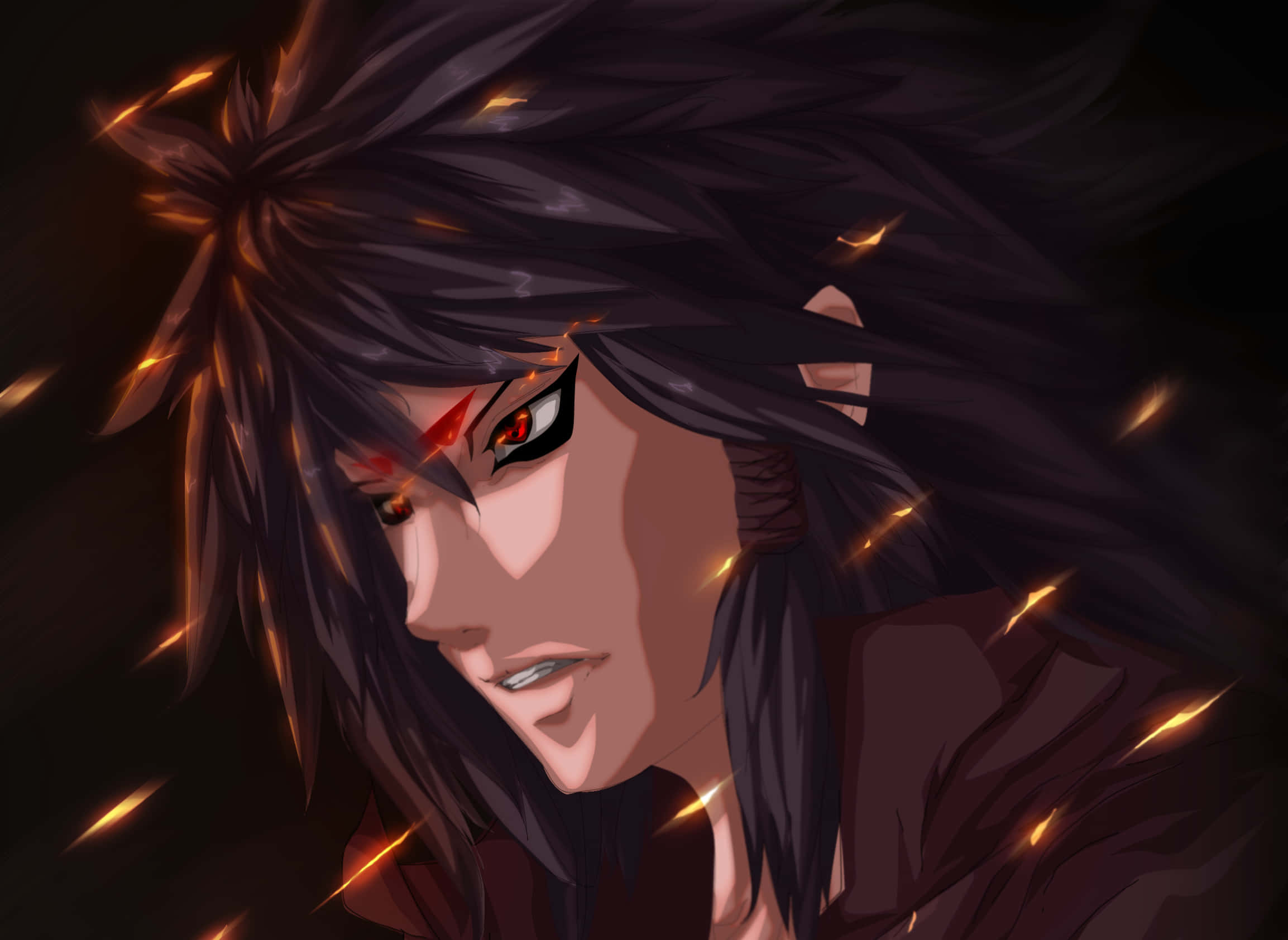 Indra ōtsutsuki 桌布 壁紙 — 一個深色頭髮的動漫角色，擁有發光的紅色眼睛和圍繞他們強烈臉龐旋轉的火花。