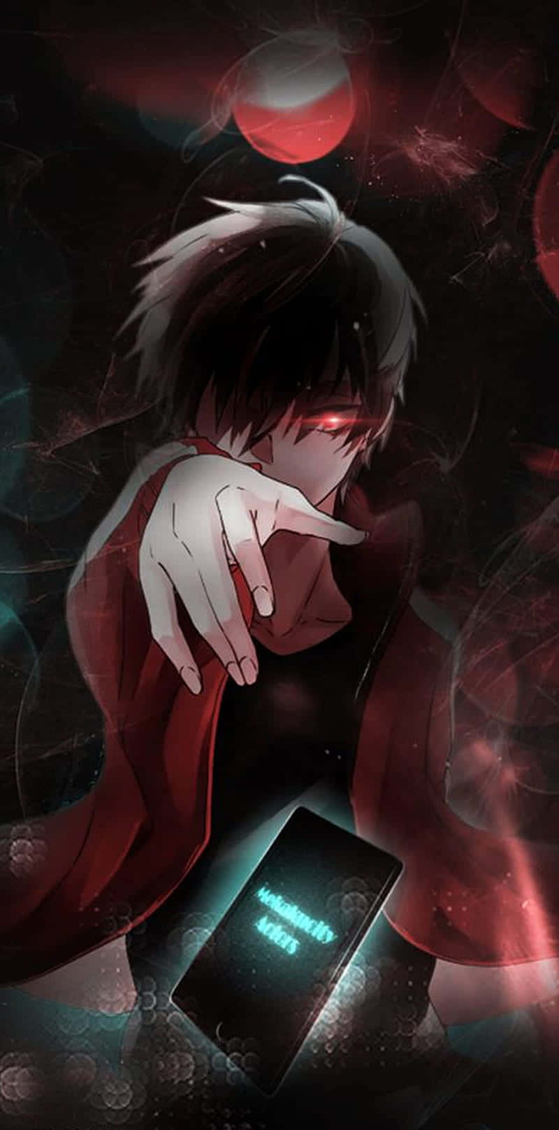 Dark Anime Boy 桌布 壁紙 — 一個深色頭髮的動漫角色，擁有發光的紅色眼睛，指著一個發光的手機，手機在宇宙紅黑背景上顯示文字。