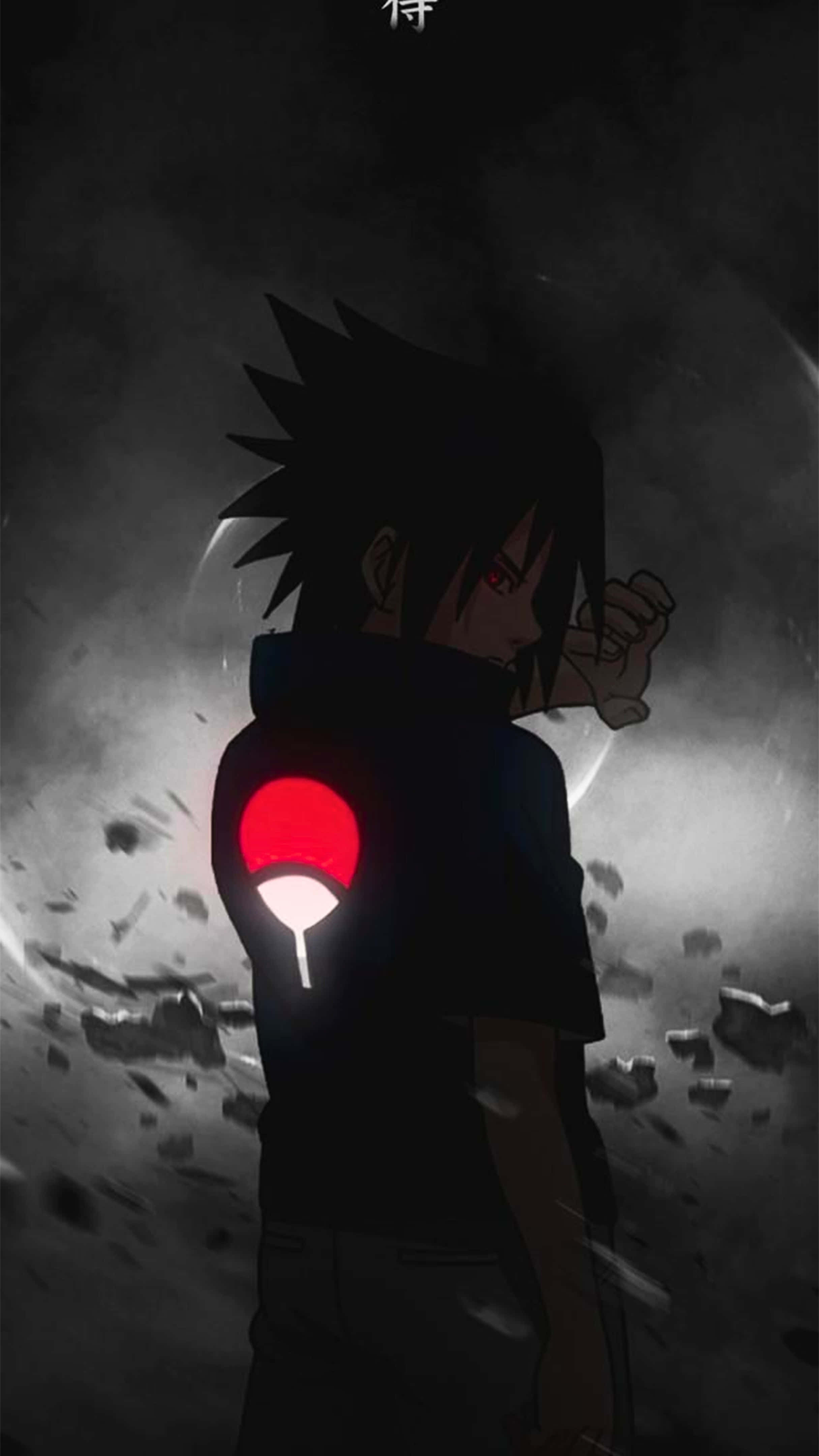 Sasuke And Itachi 桌布 壁紙 — 一個深色頭髮的動漫角色，擁有發光的紅色眼睛和背上發光的紅白符號，站在暴風雨天空下漂浮的碎片中。