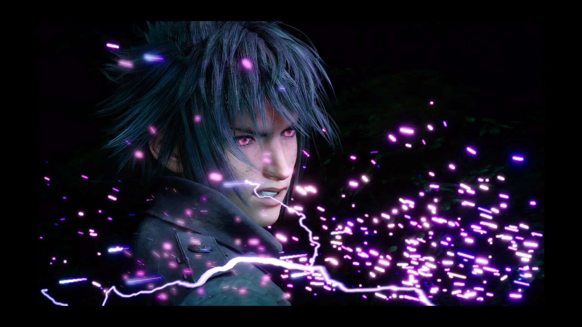 noctis lucis caelum 桌布 壁紙 — 一個深色頭髮的動漫角色，擁有發光的紅色眼睛，在陰暗的場景中引導電紫色能量。