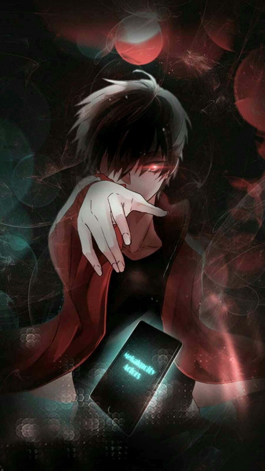 Creepy Aesthetic 桌布 壁紙 — 一個深色頭髮的動漫角色，擁有發光的紅色眼睛，指著一個發光的電話，顯示'Intimacy Meets'，背景是旋轉的紅色和藍綠色抽象圖案。