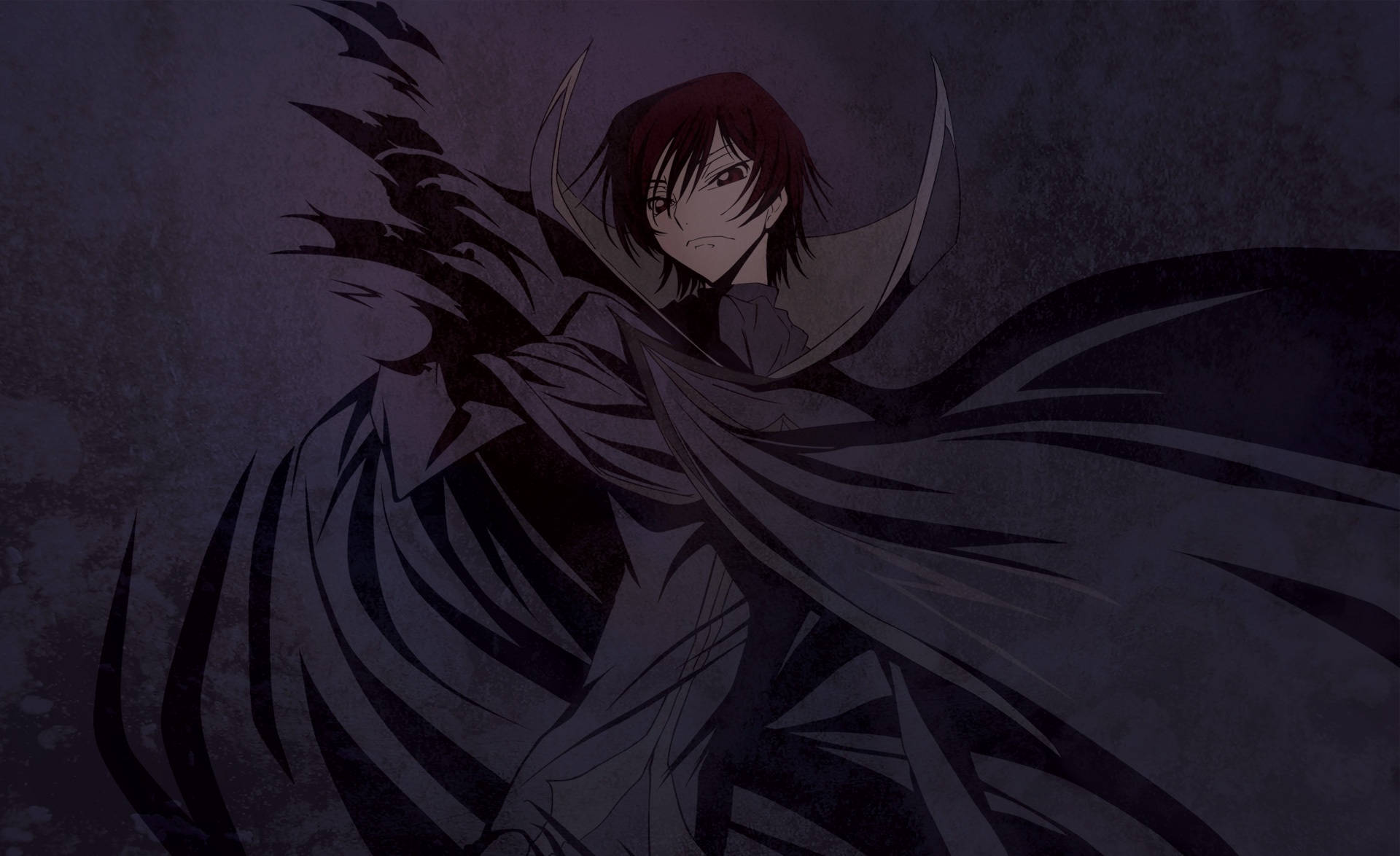 lelouch lamperouge 桌布 壁紙 — 一個深色頭髮的動漫角色，擁有蝙蝠般的翅膀和飄逸的斗篷，站在一個陰鬱的紫色場景中。