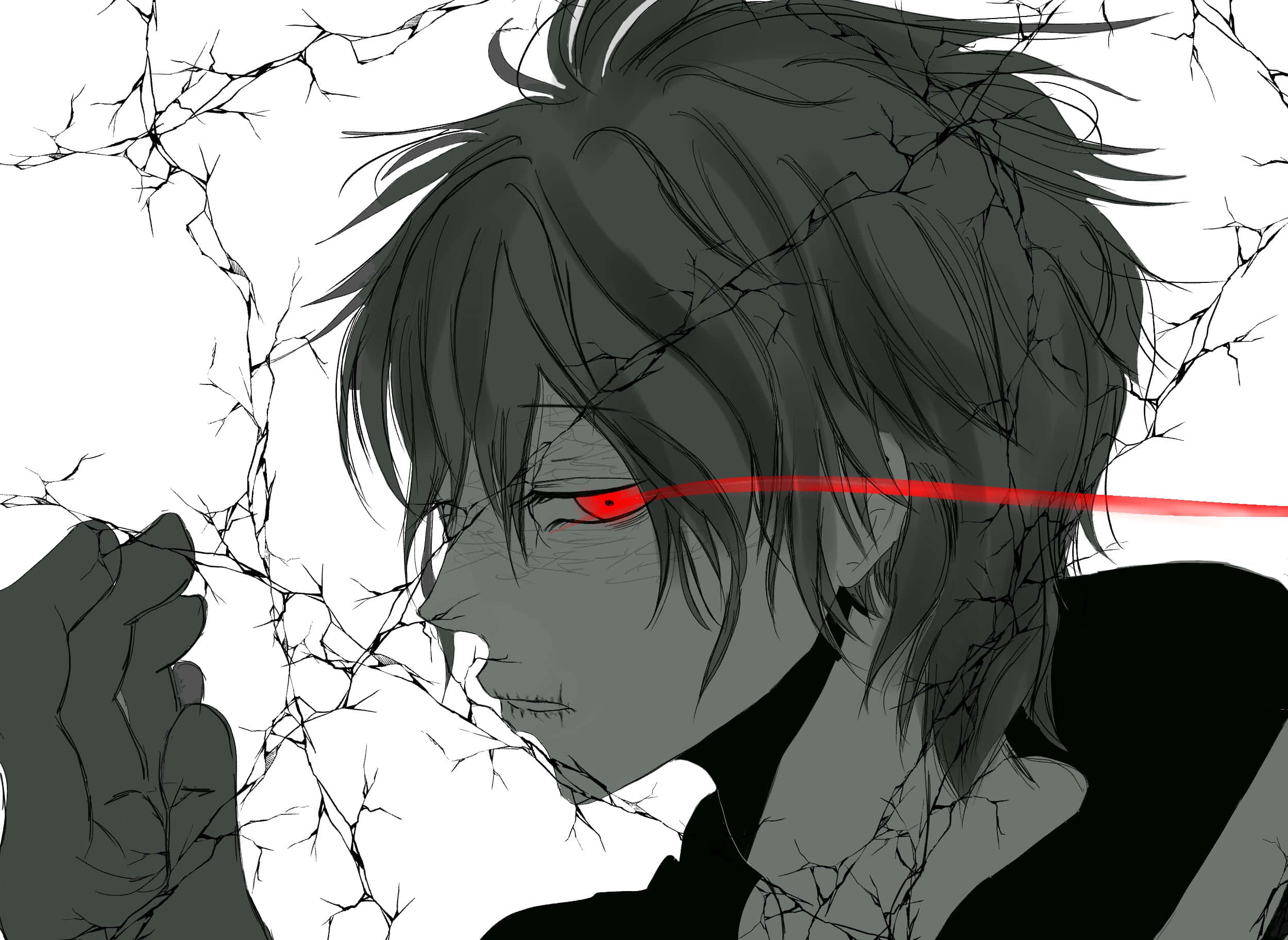 Tomura Shigaraki 桌布 壁紙 — 一個深色頭髮的動漫角色，有一隻紅色的眼睛，從他的目光中射出一道雷射光束，背景是破裂的白色。