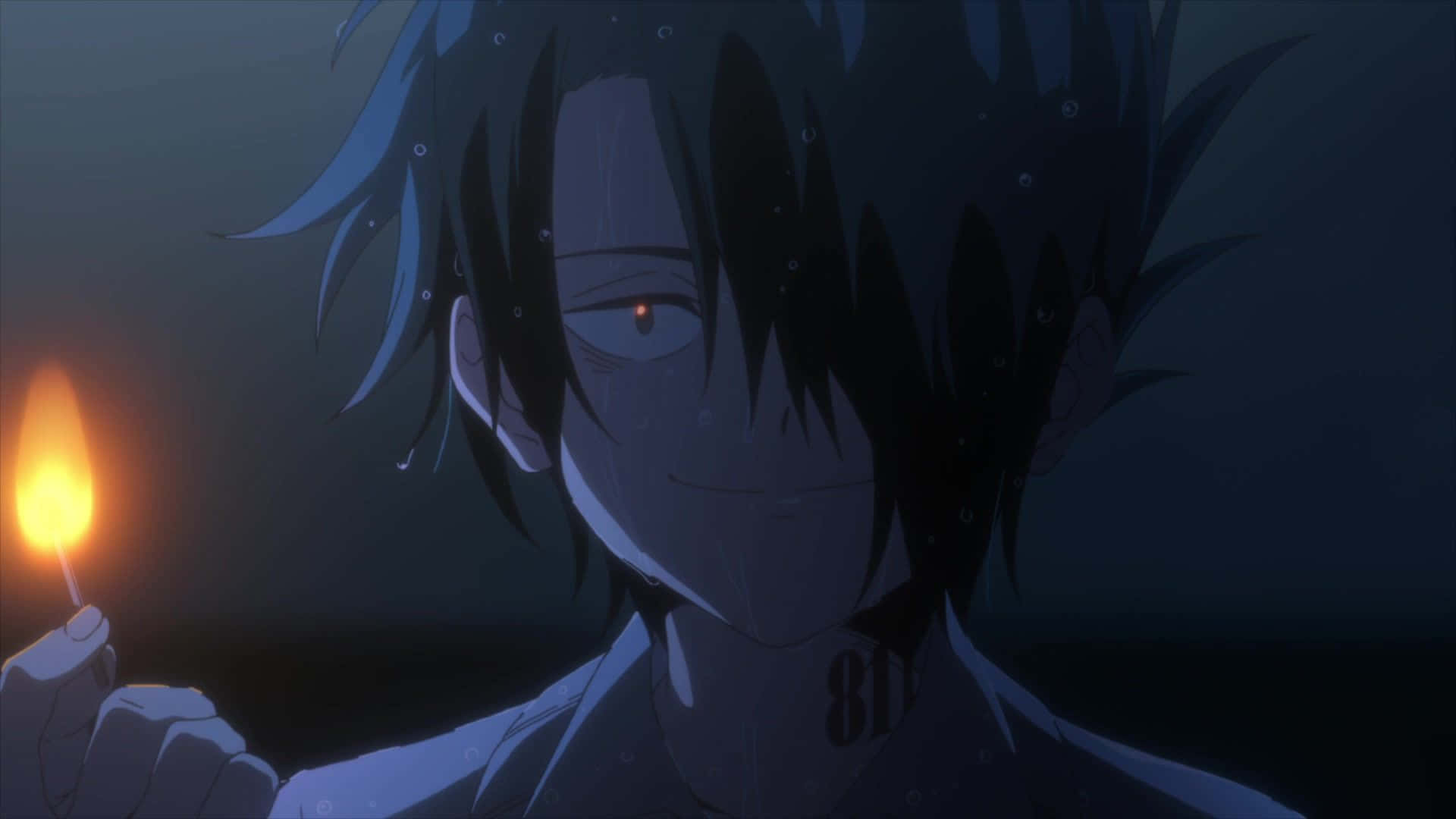 The Promised Neverland Ray 桌布 壁紙 — 一個深色頭髮的動漫角色，發光的紅色眼睛，在水下拿著點燃的火柴，周圍有氣泡在昏暗的藍光中升起。