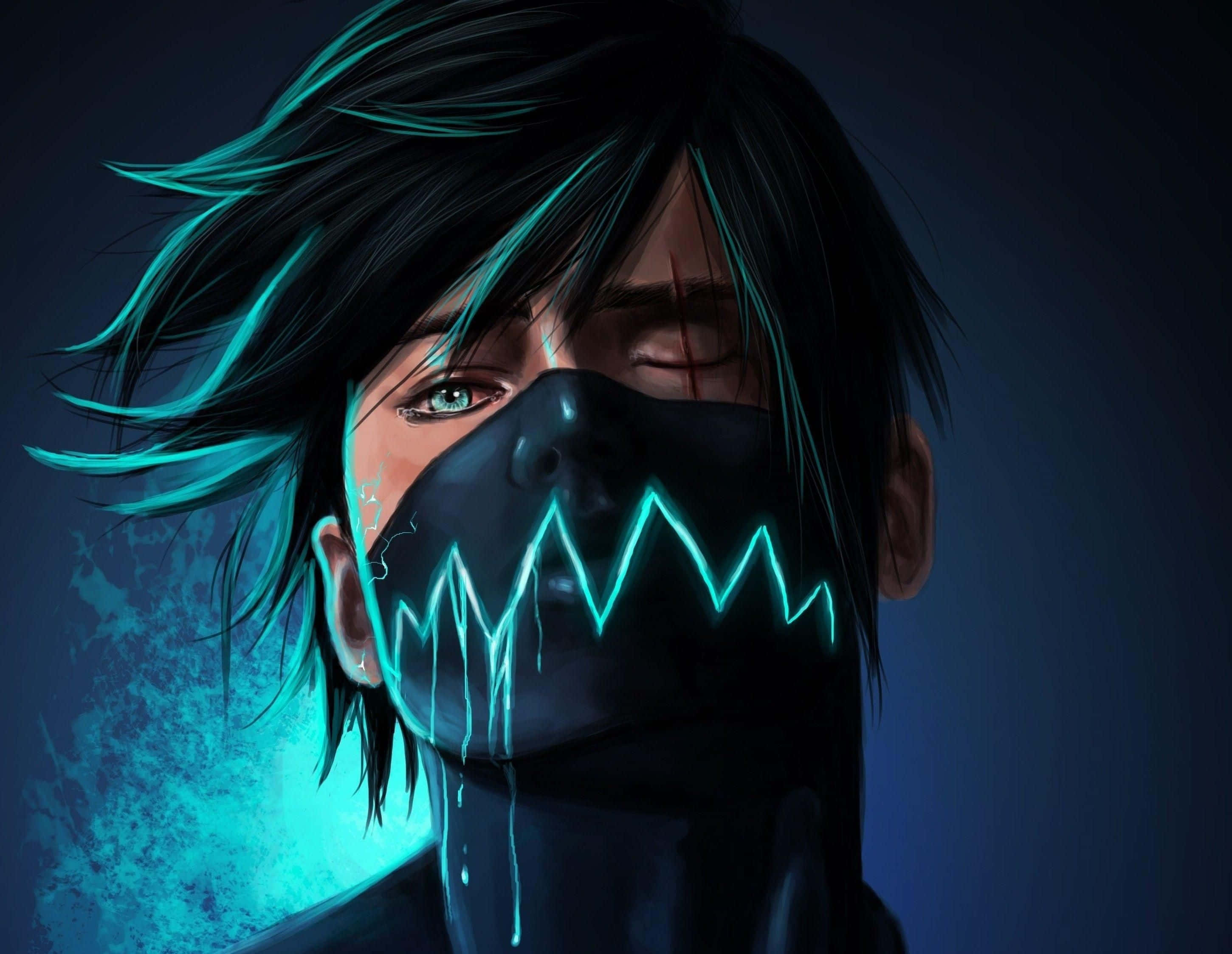 Mask Boy 桌布 壁紙 — 一個深色頭髮的動漫角色，臉上和面具有發光的青色閃電圖案，背景是憂鬱的藍色。