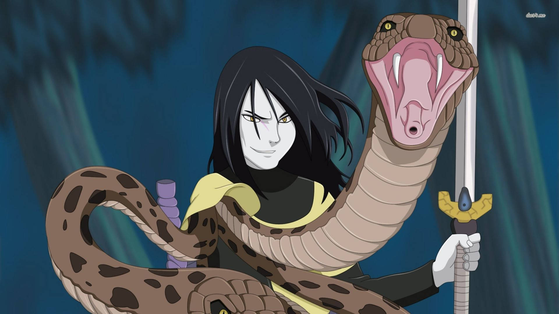 Orochimaru 桌布 壁紙 — 一個深色頭髮的動漫角色，臉上塗著白色顏料，手持一把劍，一條帶斑點的大蛇纏繞著他們，背景是深藍色。