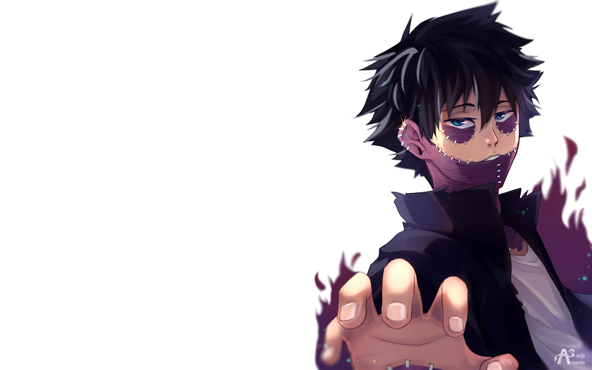 Dabi Boku No Hero 桌布 壁紙 — 一個深色頭髮的動漫角色，臉上帶有縫合標記，在純白背景下向觀眾伸出手。