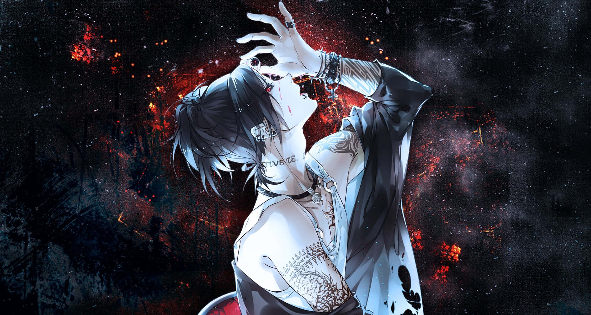 Tokyo Ghoul Uta 桌布 壁紙 — 一個深色頭髮的動漫角色，身上有刺青和血跡，在宇宙紅黑背景前舉起一隻手。