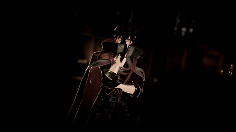 demon boy anime 桌布 壁紙 — 一個深色頭髮的動漫角色，身穿紅色斗篷，站在陰暗的昏暗處，眼睛發光，帶著皮革帶子。