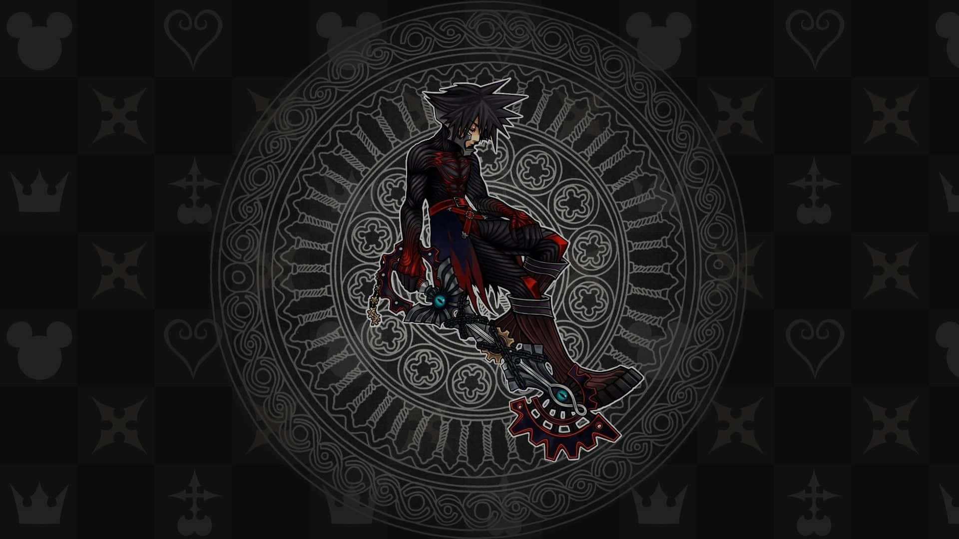 Kingdom Hearts Organization 13 桌布 壁紙 — 一個深色頭髮的動漫角色，身穿紅黑盔甲，坐在一個裝飾性圓形徽章內的齒輪上，背景是格紋圖案。