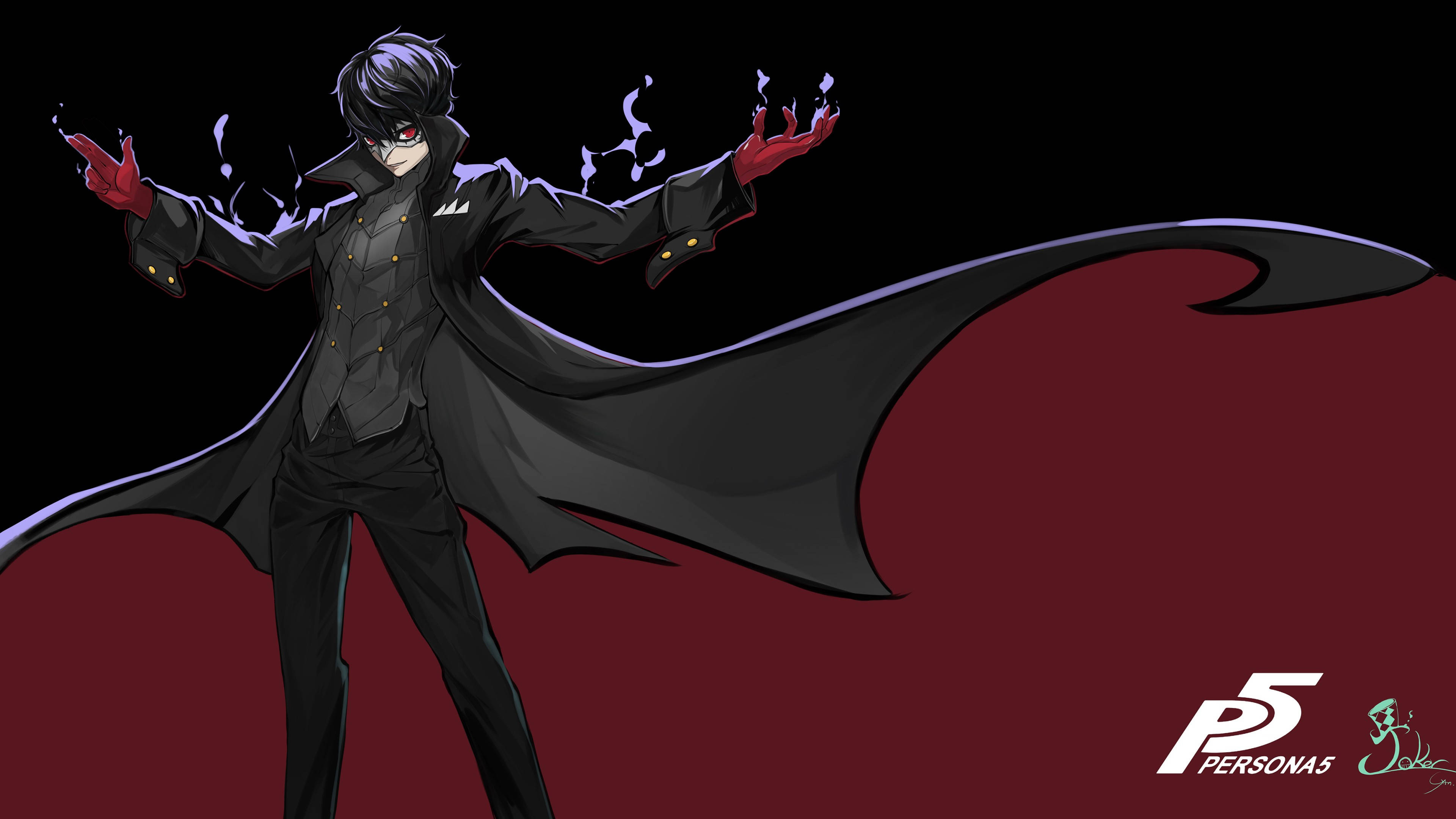 persona 5 4K 桌布 壁紙 — 一個深色頭髮的動漫角色，身穿黑色外套、紅色手套，眼睛發光，在鮮明的紅黑背景下釋放出紫色能量。