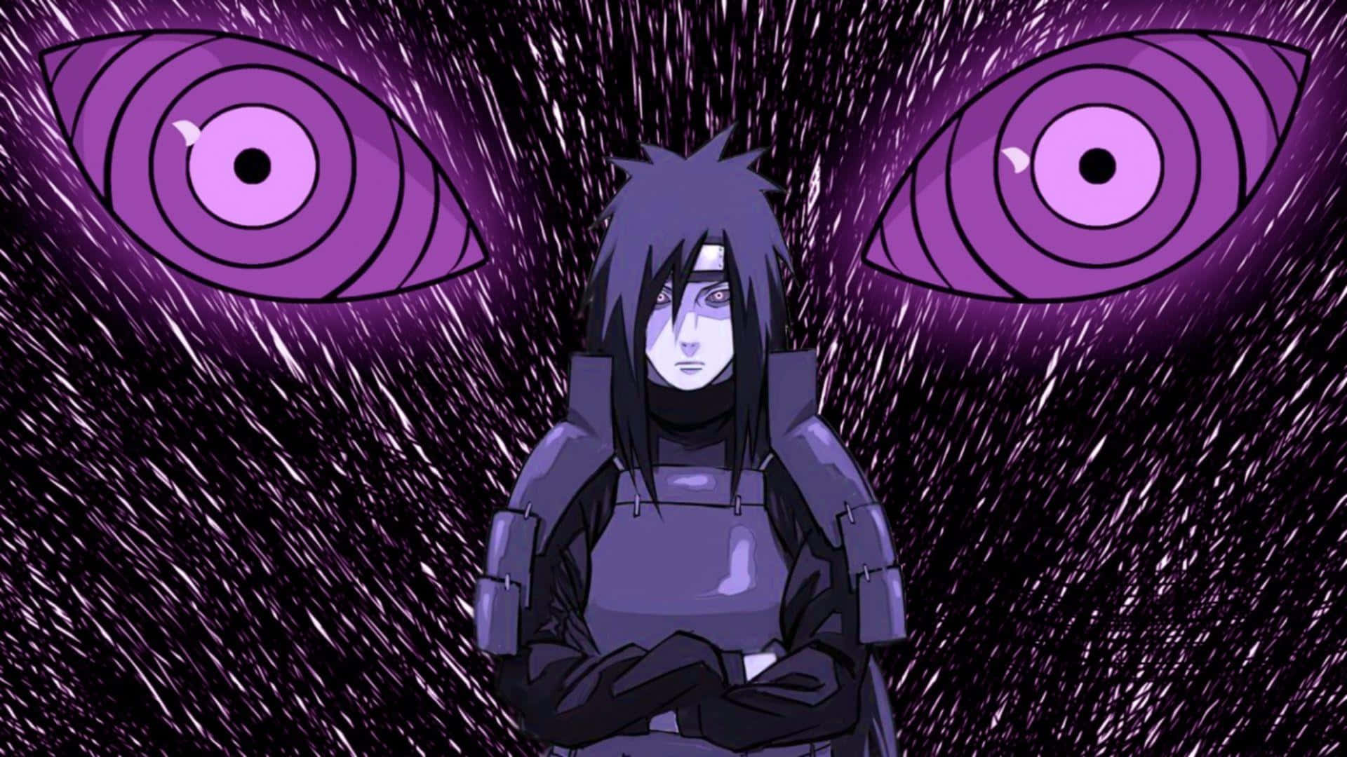 Rinnegan 桌布 壁紙 — 一個深色頭髮的動漫角色，雙臂交叉，站在風暴般的紫色背景前，兩側有巨大的發光眼睛。