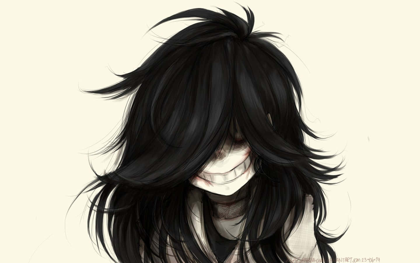 Jeff The Killer 桌布 壁紙 — 一個深色頭髮的動漫角色，露出寬闊的牙齒笑容，頭髮凌亂，背景蒼白。