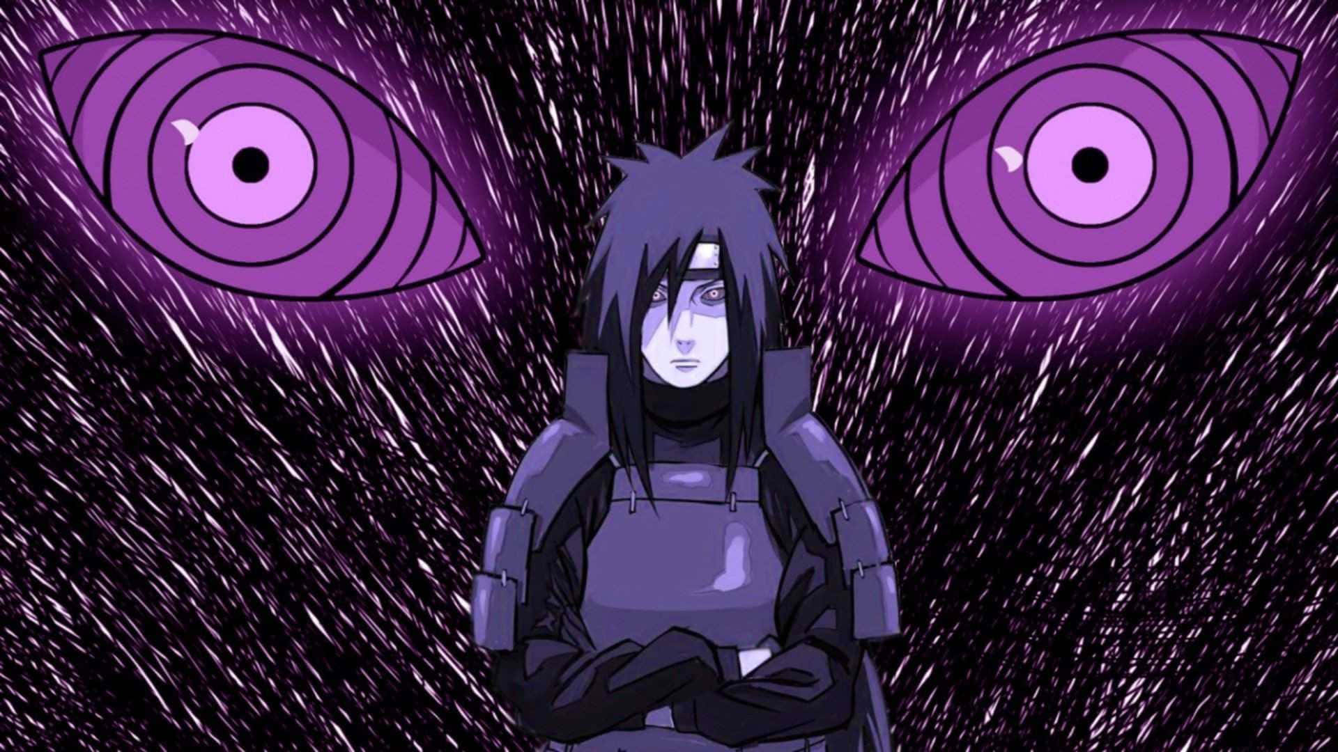 Rinnegan 桌布 壁紙 — 一個深色頭髮的動漫角色交叉雙臂站立，背景是風暴般的紫色，兩側有巨大的發光眼睛。