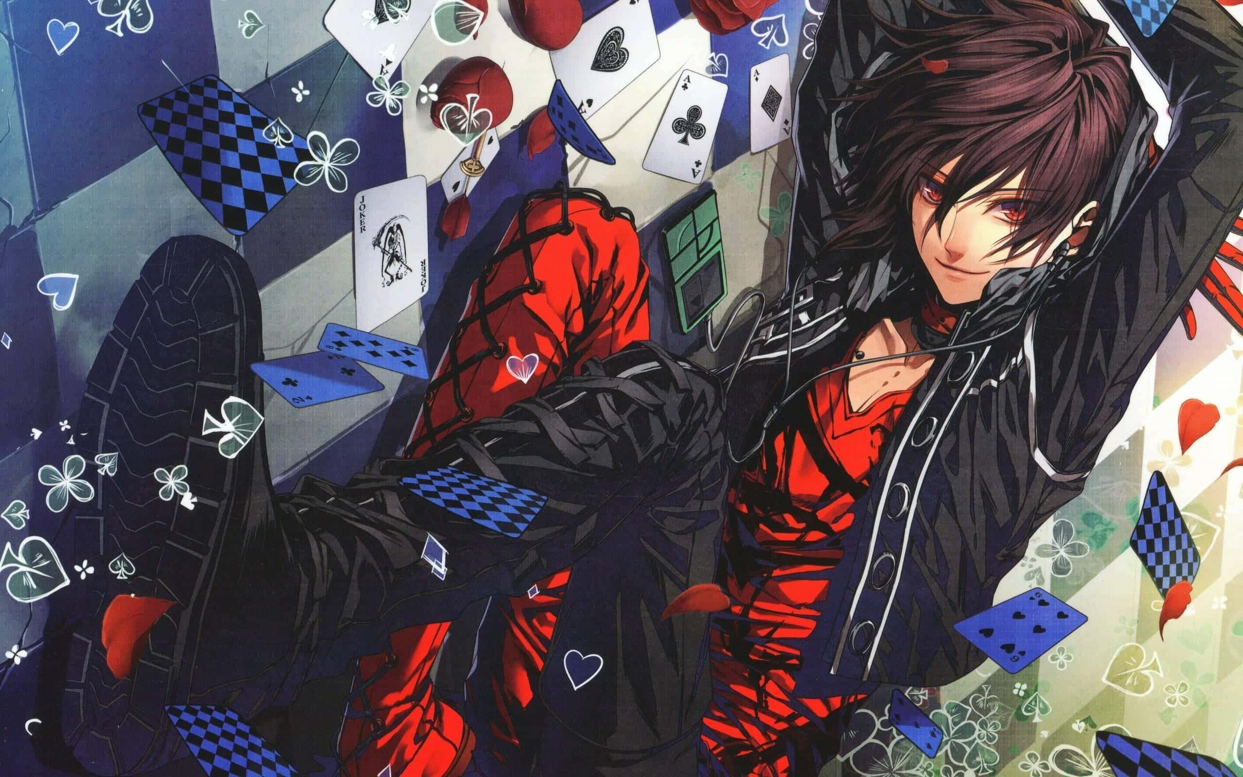 Horror Anime Boy 桌布 壁紙 — 一個深色頭髮的動漫角色在充滿活力的紅黑格子場景中，於漂浮的撲克牌之間休憩。