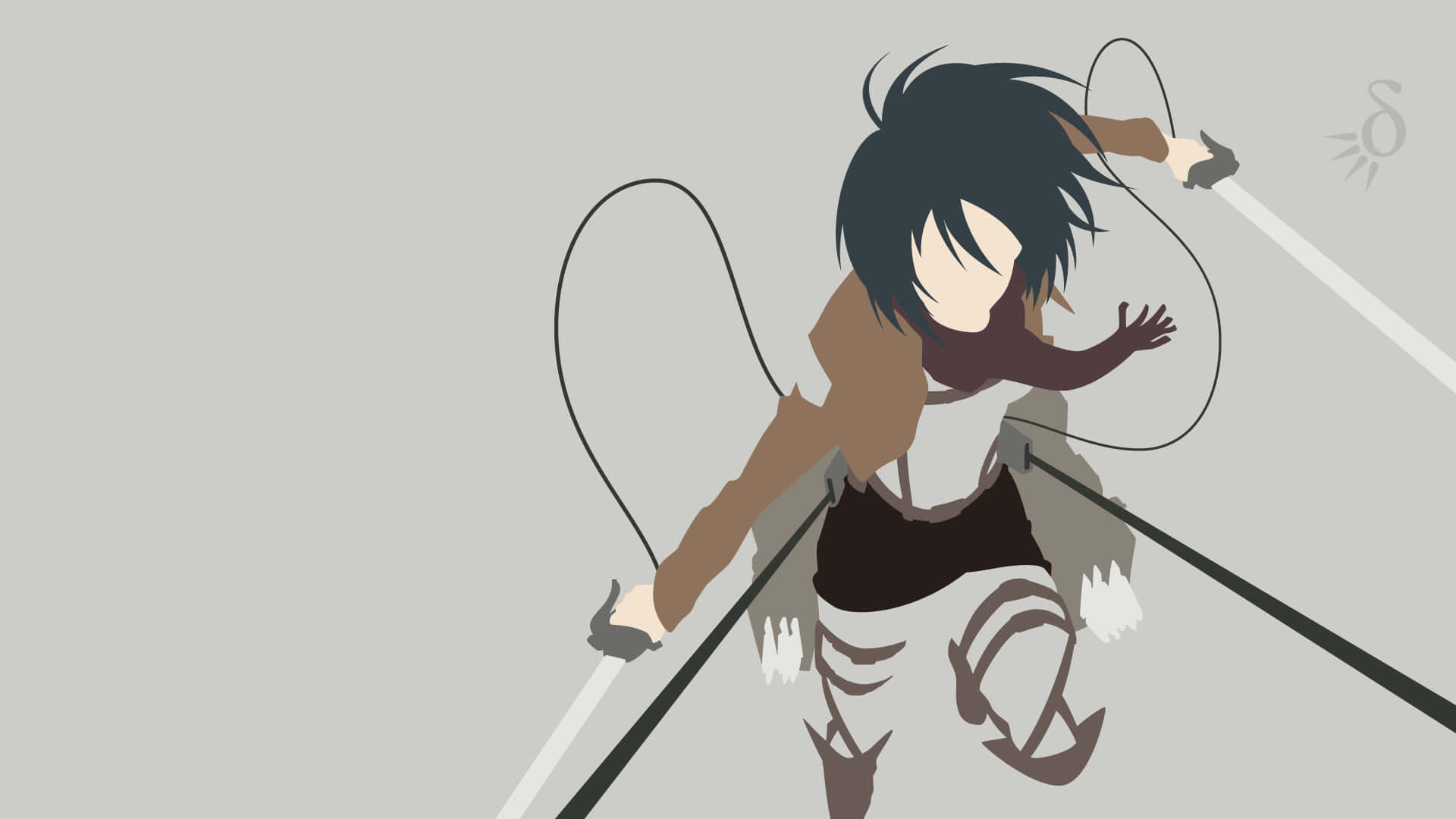 Mikasa 桌布 壁紙 — 一個深色頭髮的動漫角色在純灰色背景上動態地盪著繩索。
