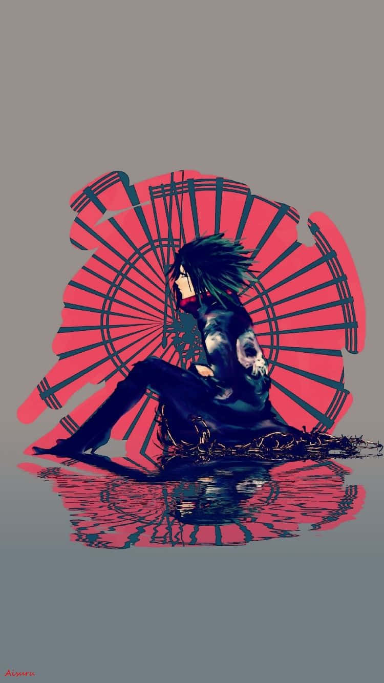 Feitan 桌布 壁紙 — 一個深色頭髮的動漫角色坐在水中，背後有一把破碎的紅色扇子，倒映在波紋狀的灰色環境中。