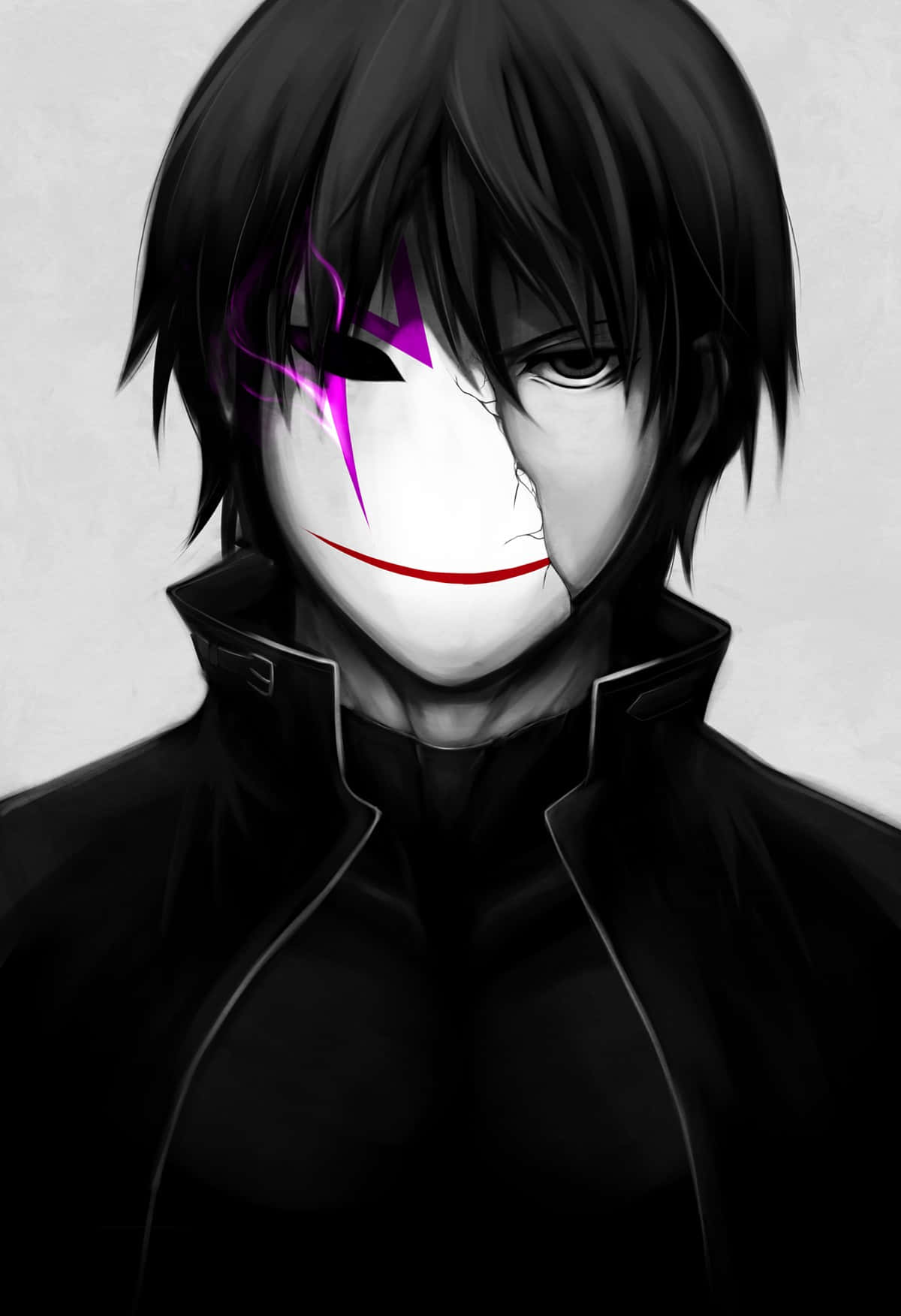 動漫男孩 桌布 壁紙 — 一個深色頭髮的動漫角色戴著一個有裂痕的白色面具，上面有紫色標記和紅色微笑，背景是純灰色。