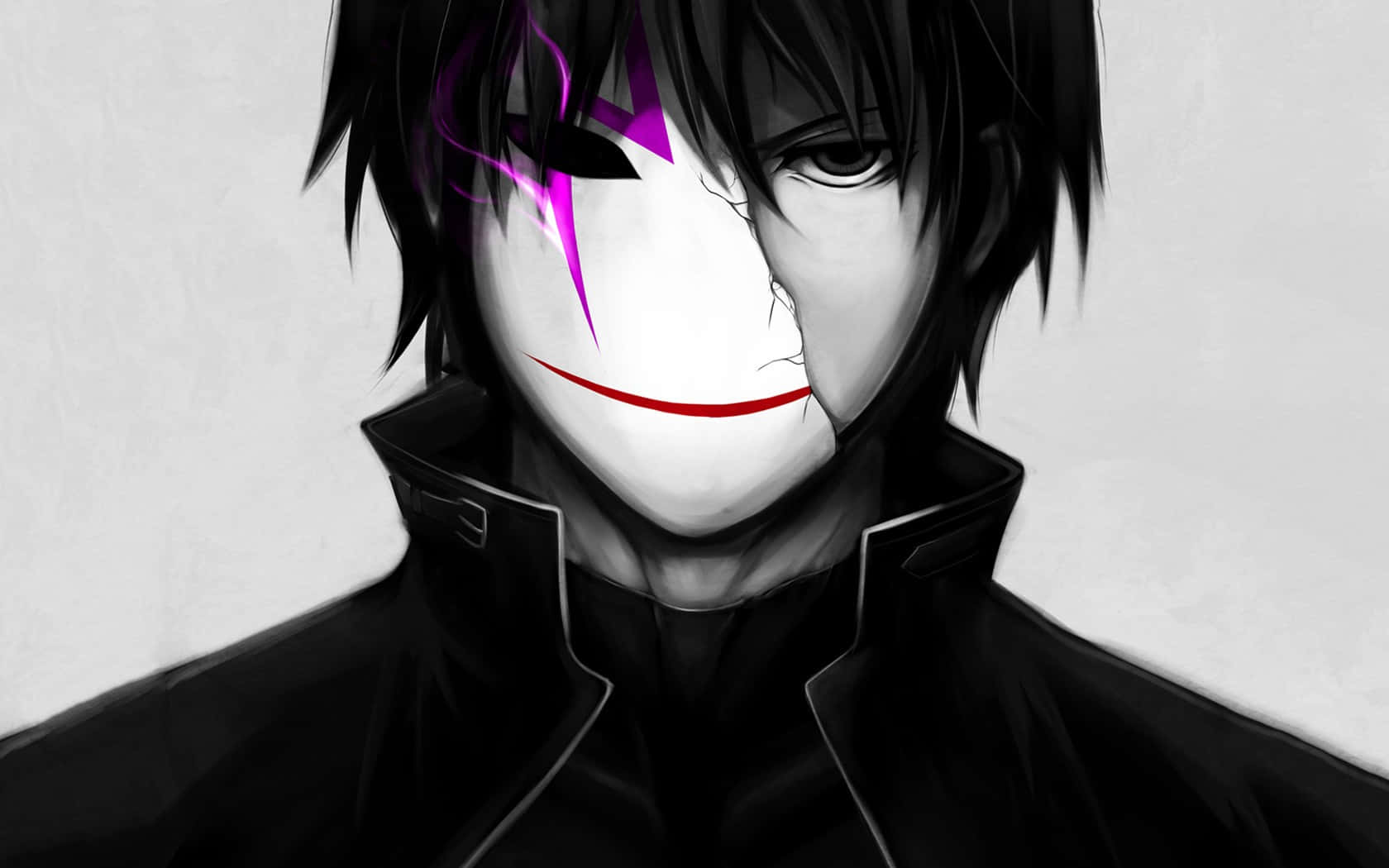 anime black and white 桌布 壁紙 — 一個深色頭髮的動漫角色戴著一個白色面具，上面有紅色微笑和紫色標記，背景為灰色。