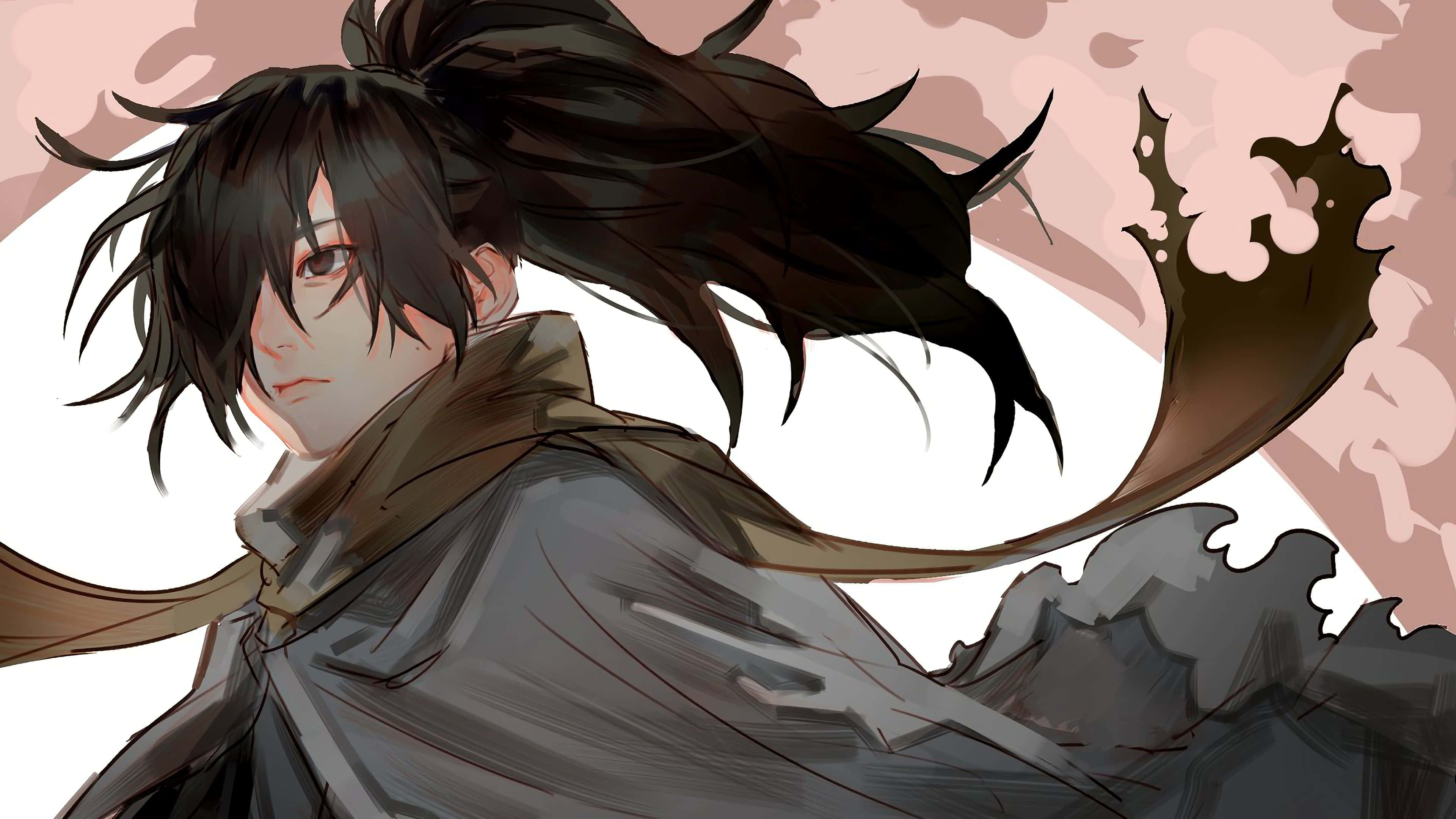 多羅羅 桌布 壁紙 — 一個深色頭髮的動漫角色披著斗篷，站在柔和的粉紅色和白色背景前，頭髮飄逸，光線戲劇化。