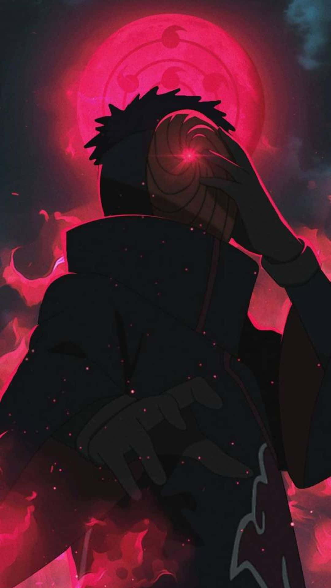 Uchiha iPhone 桌布 壁紙 — 一個深色頭髮的動漫角色披著斗篷，手貼臉頰，站在帶有螺旋圖案的發光紅月前。