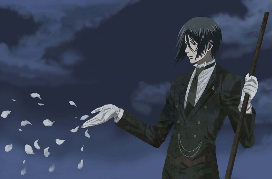sebastian michaelis 桌布 壁紙 — 一個深色頭髮的動漫角色穿著正式西裝，在暴風雨的暮色天空中釋放白色花瓣。