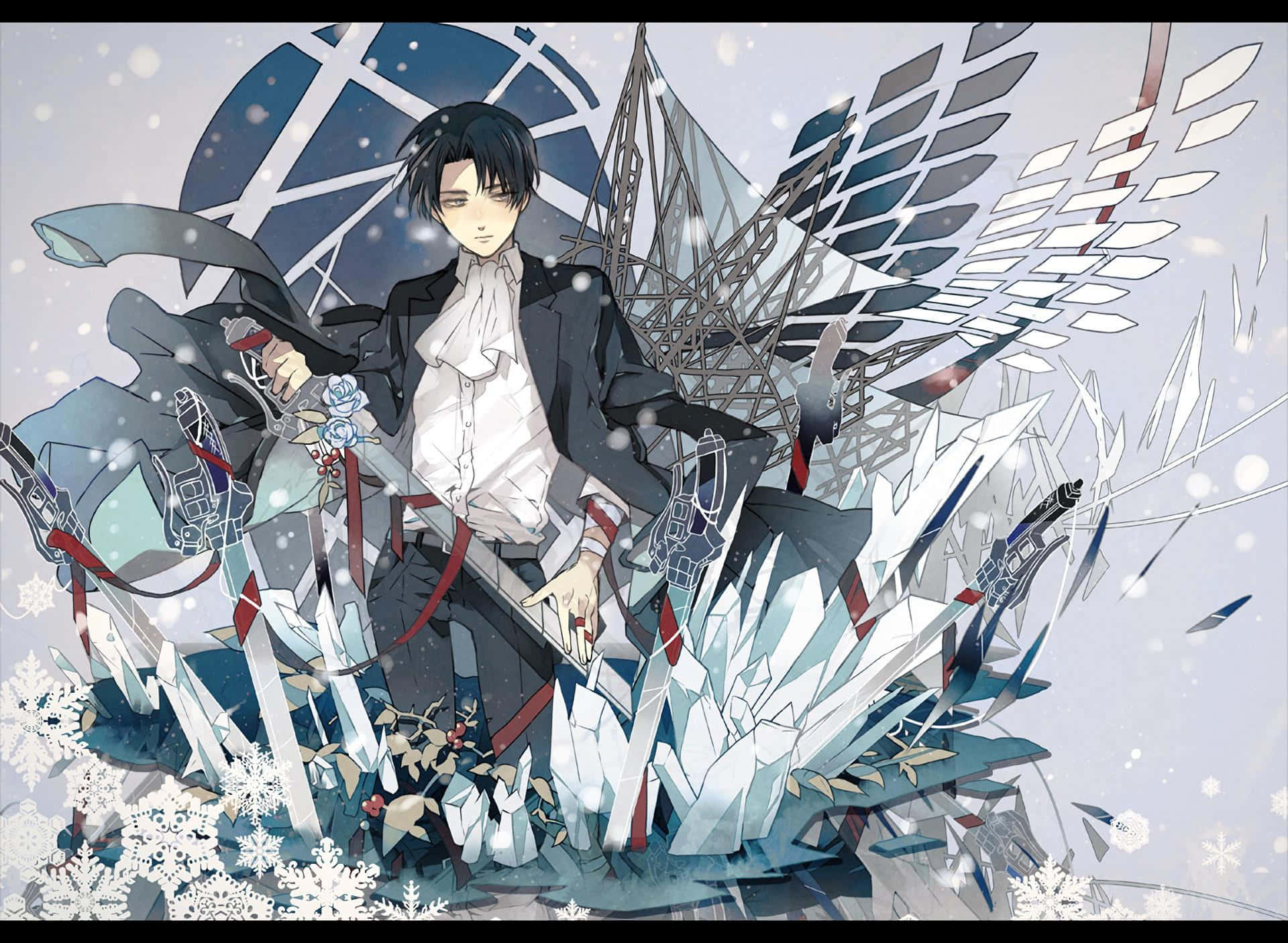 Levi Ackerman Desktop 桌布 壁紙 — 一個深色頭髮的動漫角色穿著正式西裝，站在破碎的水晶和雪花之中，背後有機械翅膀。