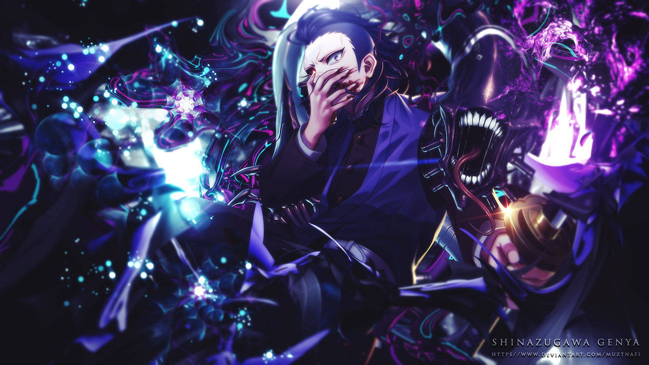 genya 桌布 壁紙 — 一個深色頭髮的動漫角色穿著紫色外套，遮住嘴巴，周圍有發光的藍色和紫色能量旋轉。