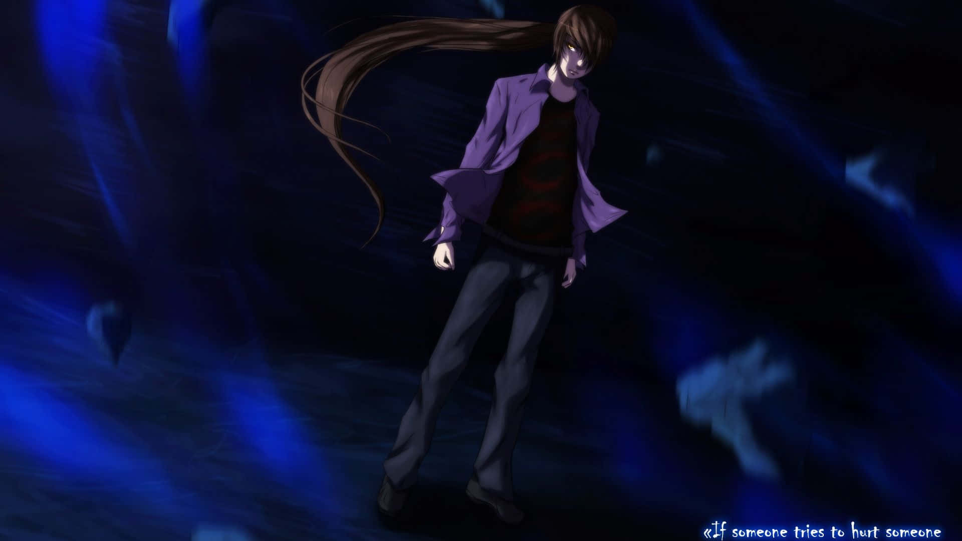 Tower Of God 桌布 壁紙 — 一個深色頭髮的動漫角色穿著紫色外套，站在旋轉的藍色能量中，表情陰沉。