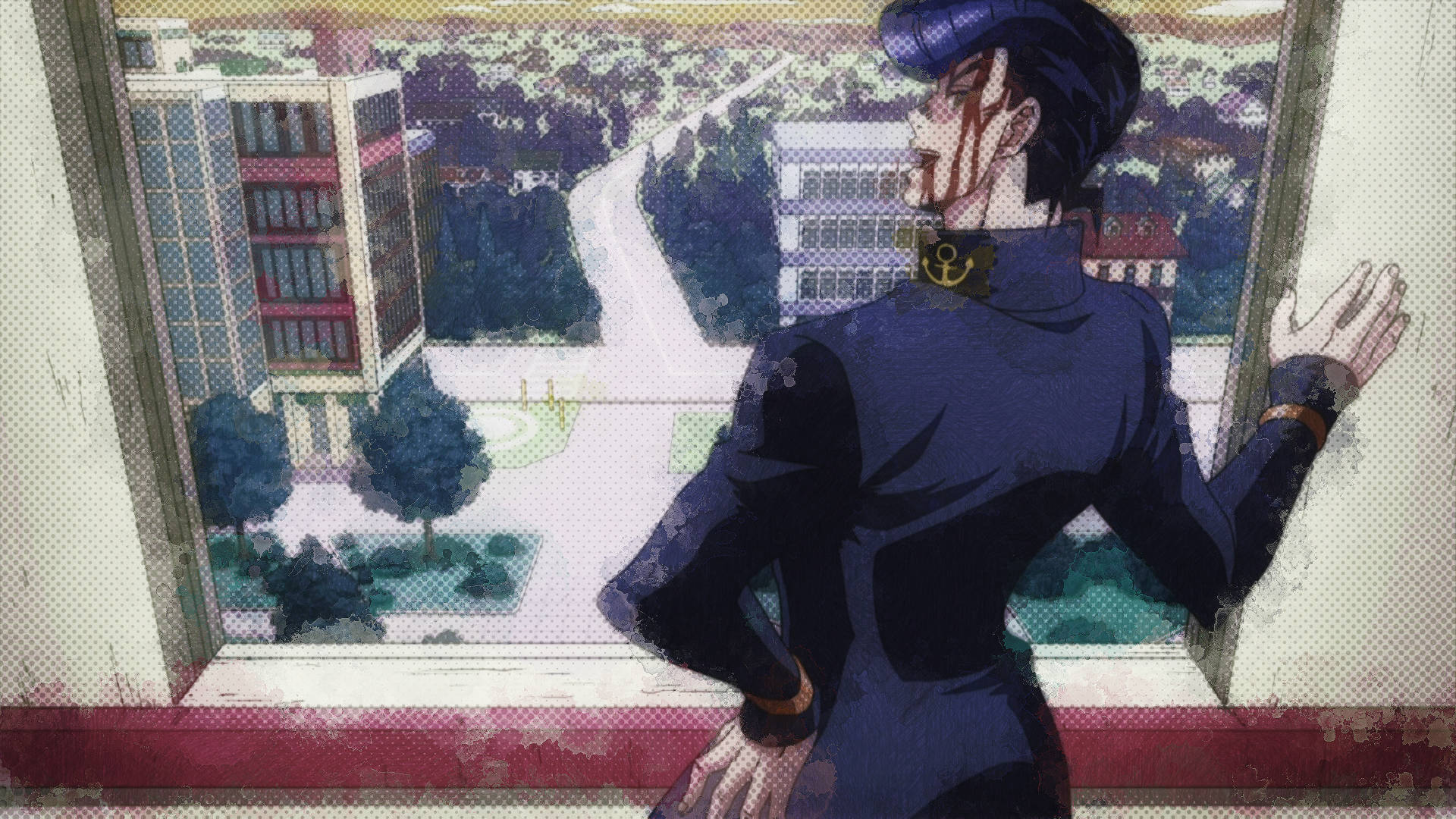 Josuke 桌布 壁紙 — 一個深色頭髮的動漫角色穿著藍色西裝，站在窗邊，窗外是建築物和樹木的城市景觀。