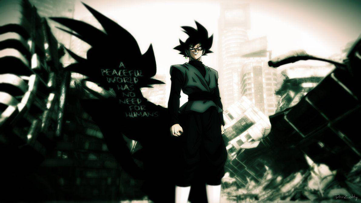 Black Goku 桌布 壁紙 — 一個深色頭髮的動漫角色自信地站在廢墟城市中，身後有一個陰影人物拿著關於沒有人類的世界的訊息。