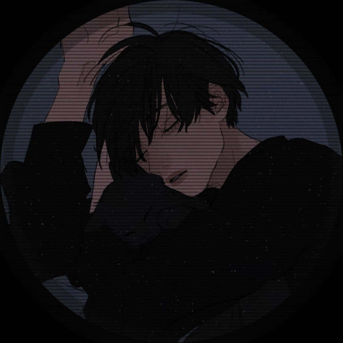 動漫男孩 桌布 壁紙 — 一個深色頭髮的動漫角色透過帶有掃描線和星空背景的圓形瞄準鏡被觀看。