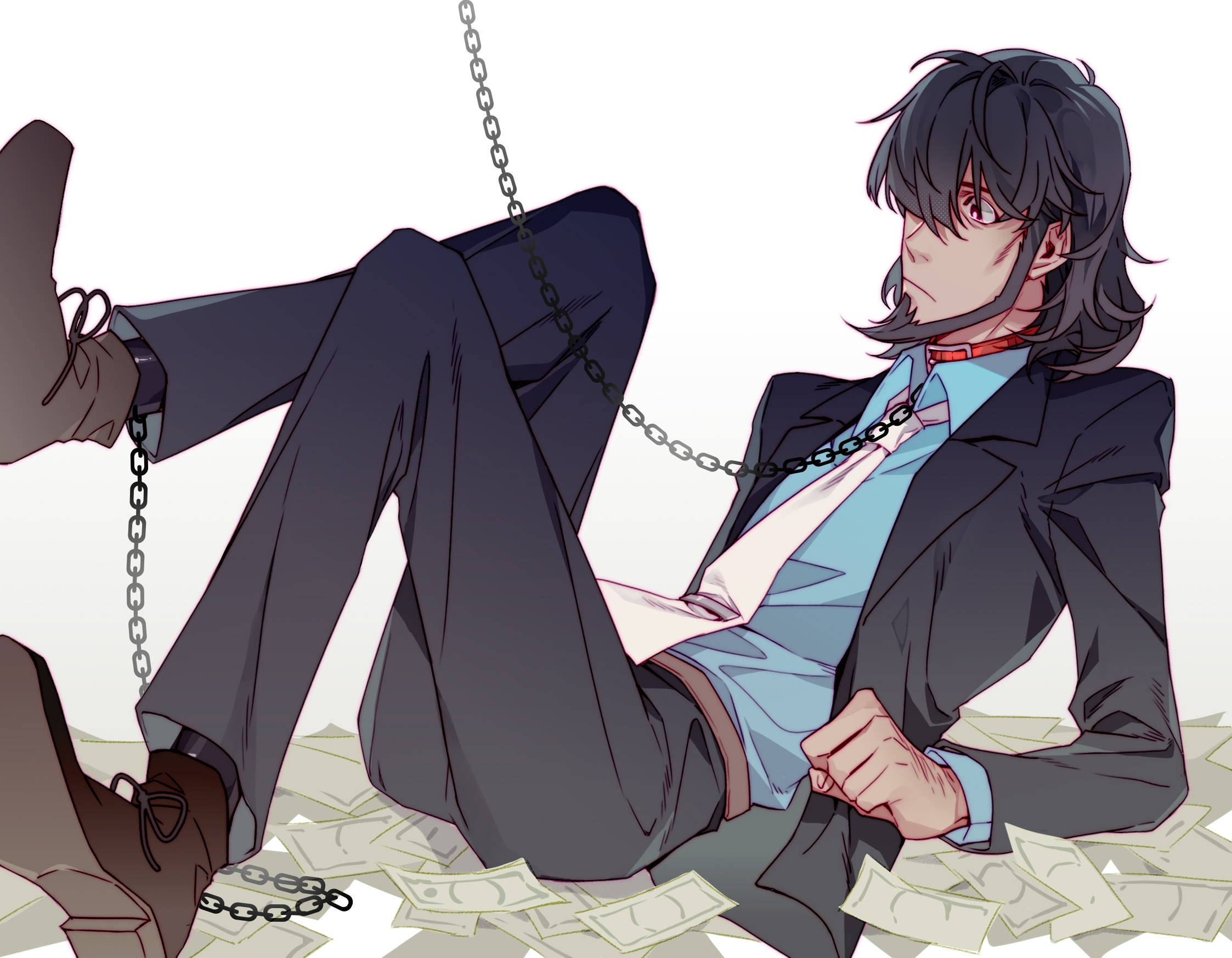 Lupin 桌布 壁紙 — 一個深色頭髮的動畫男人穿著西裝，被鎖鏈鎖在自己的腳上，周圍散落著金錢，表情疲憊。