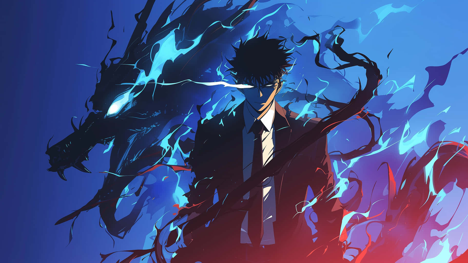 Epic Anime Boy with Blue Lightning Aura 4K 壁紙 — 一個深色頭髮的動畫男孩穿著西裝，挑釁地站著，身後旋轉的能量中出現一條發光的藍色龍。