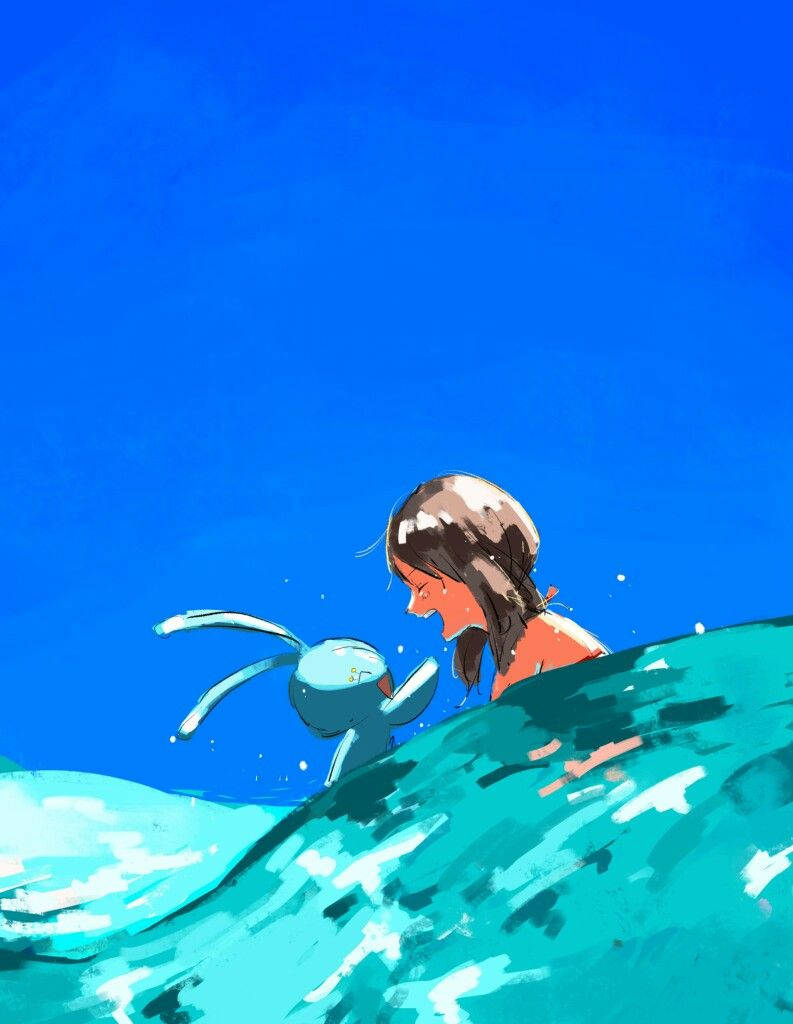 Swimming 桌布 壁紙 — 一個深色頭髮的女孩和一隻藍色生物在清澈藍天下，於充滿活力的藍綠色海浪中嬉戲潑水。