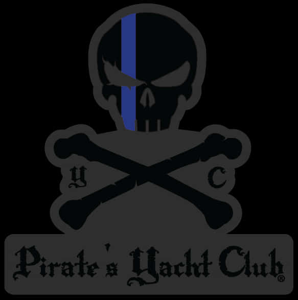 Black Skull 桌布 壁紙 — 一個深色骷髏頭交叉骨標誌，骷髏頭上有一條藍色條紋，文字為 Pirate's Yacht Club。