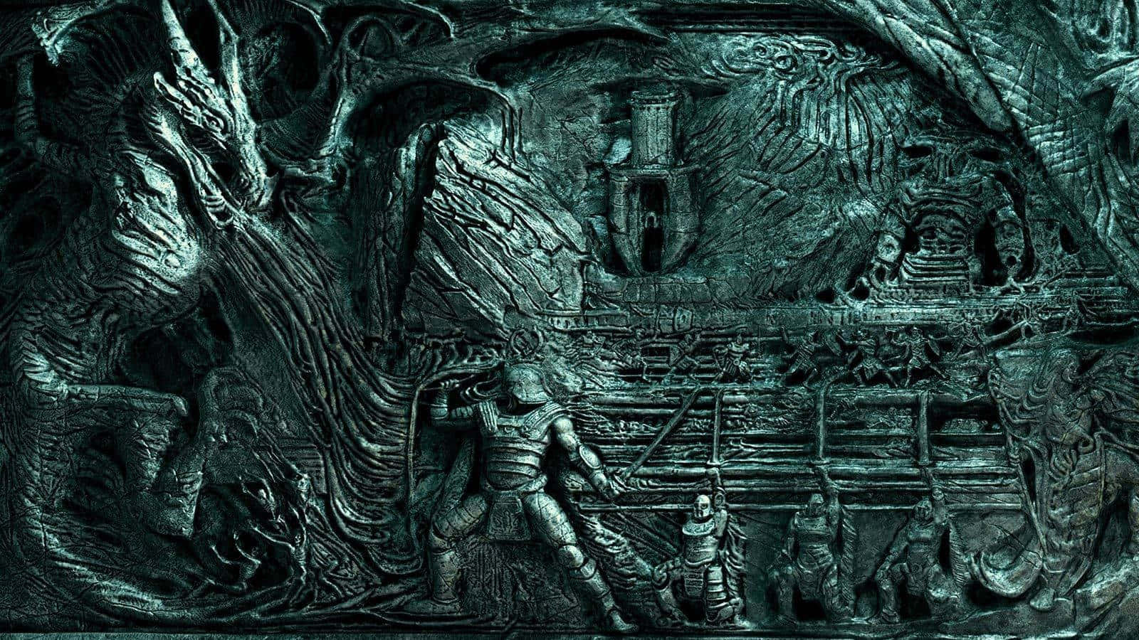 Norse Mythology 桌布 壁紙 — 一個深藍綠色淺浮雕描繪了身穿盔甲的戰士在洞穴般的古代廢墟中與怪物戰鬥。
