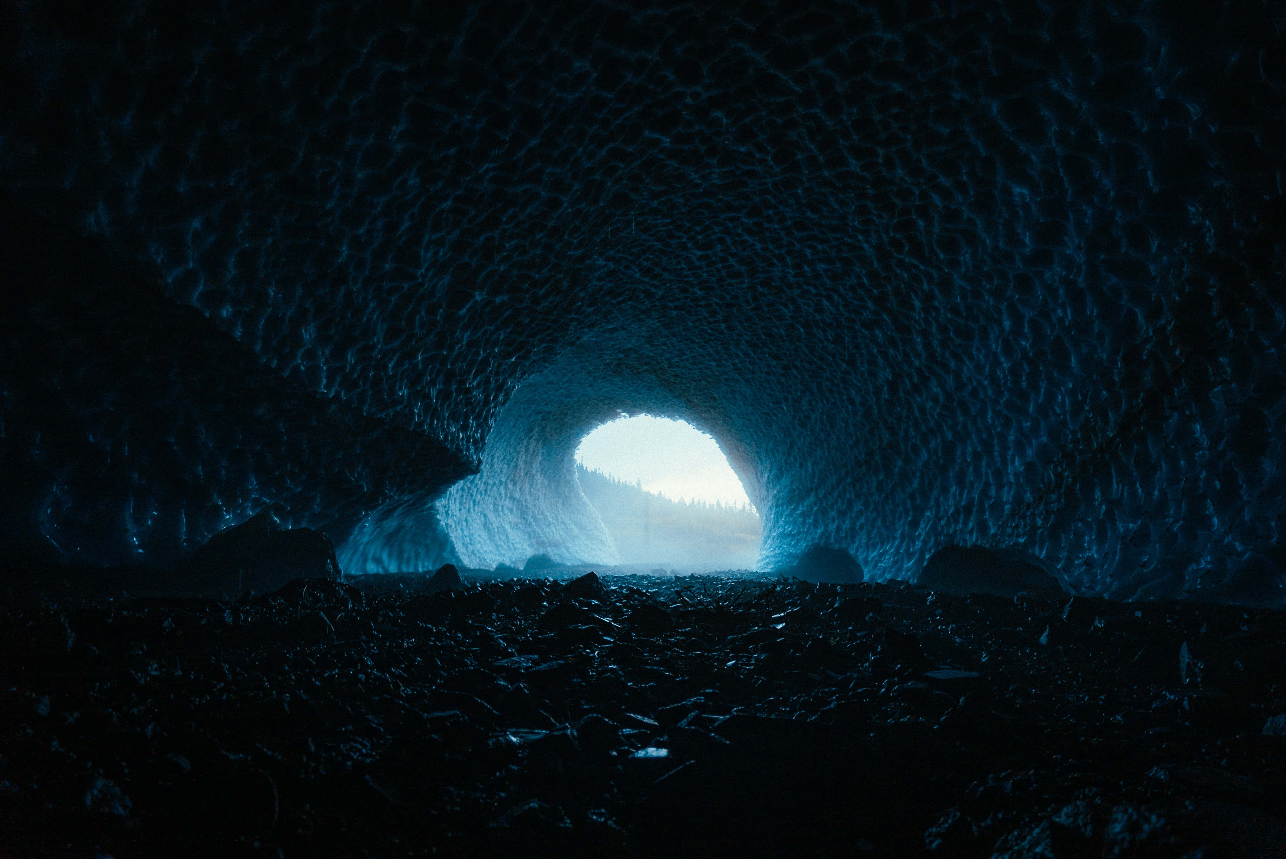 Cave 桌布 壁紙 — 一個深藍色冰隧道，帶有紋理牆壁，通往明亮的雪森林入口。