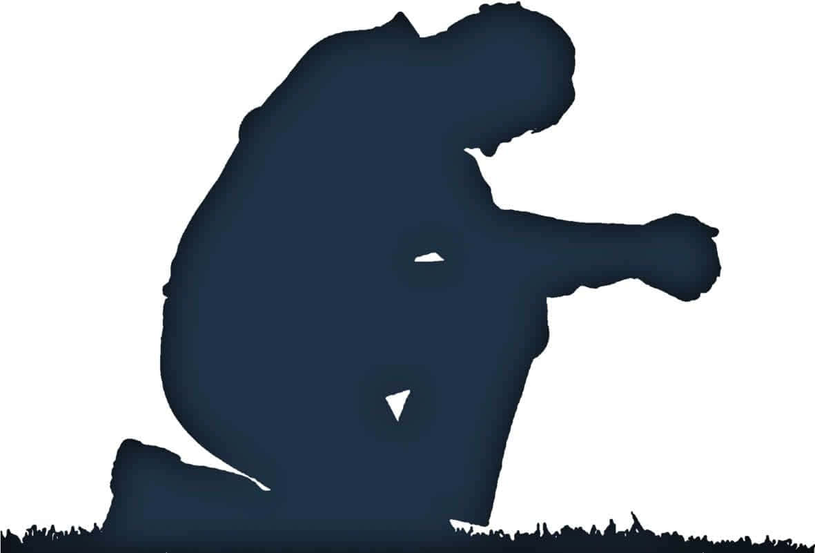 Praying 桌布 壁紙 — 一個深藍色剪影，一個人跪在草地上，低頭沉思，背景是純白色。