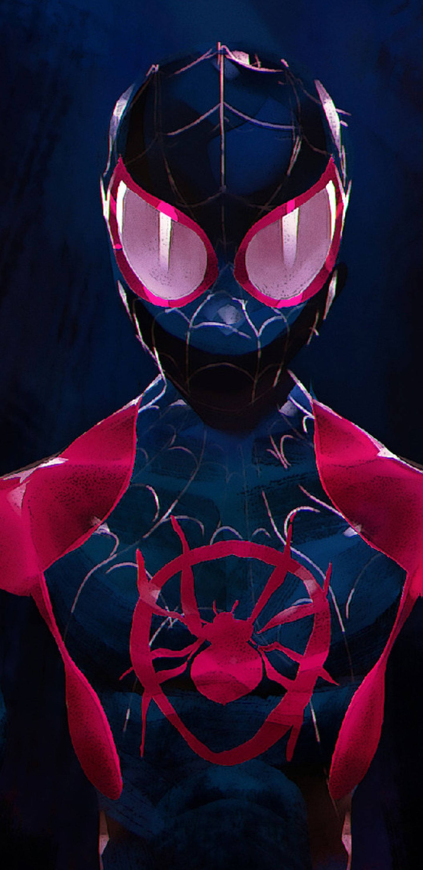 Into The Spider Verse 桌布 壁紙 — 一個深藍色和鮮豔粉紅色的蜘蛛人站在陰影中，眼睛發光，胸前有一個大膽的蜘蛛標誌。