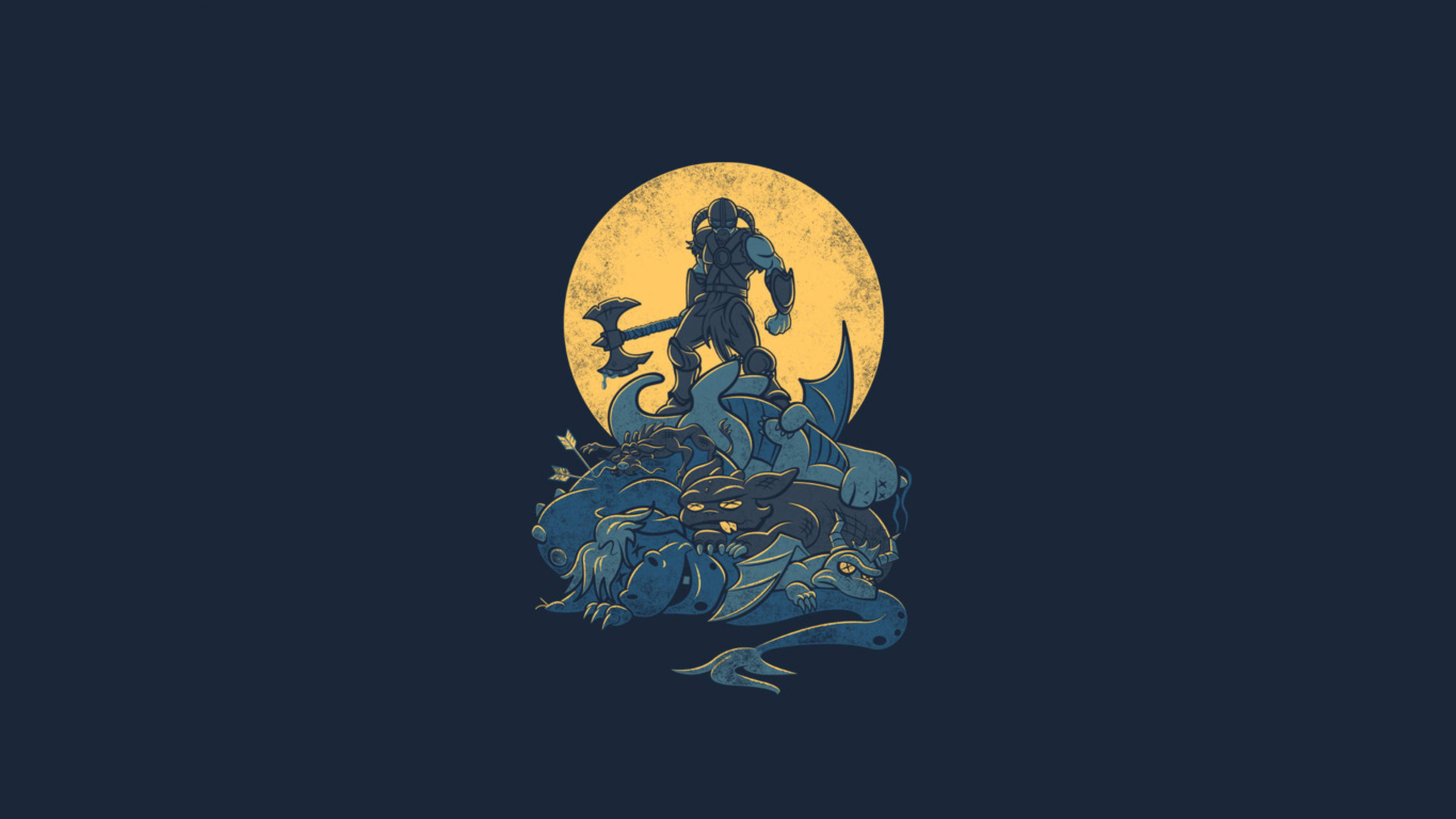 PC 遊戲 桌布 壁紙 — 一個深藍色戰士在發光的黃色月亮下，勝利地站在被殺死的怪物之上。