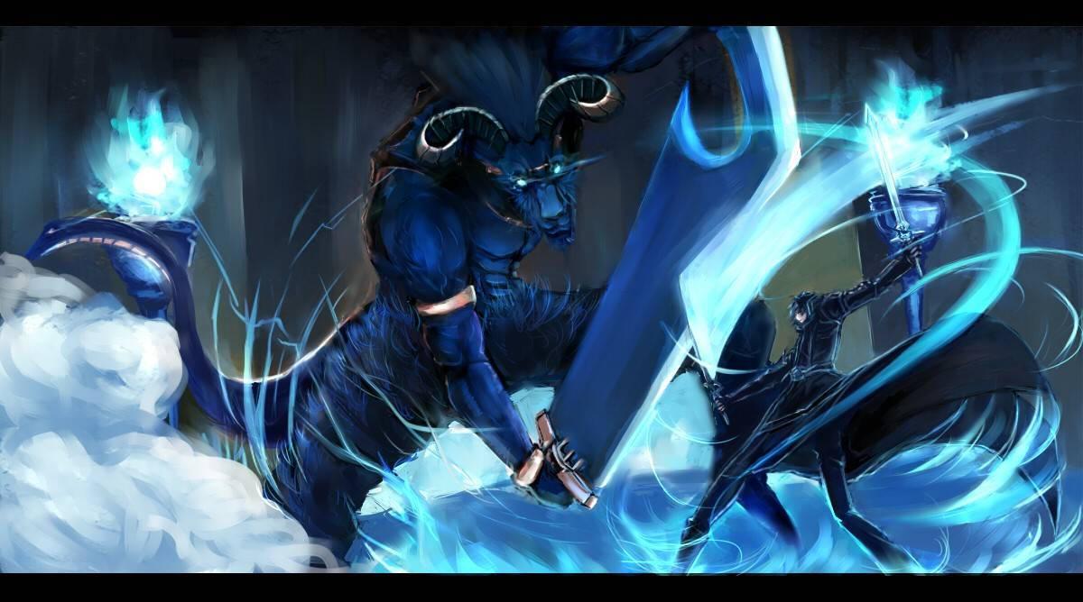 online 桌布 壁紙 — 一個深藍色有角的惡魔揮舞著發光的劍，對抗一個披著斗篷的戰士，在暴風雨般的藍色能量戰鬥中。
