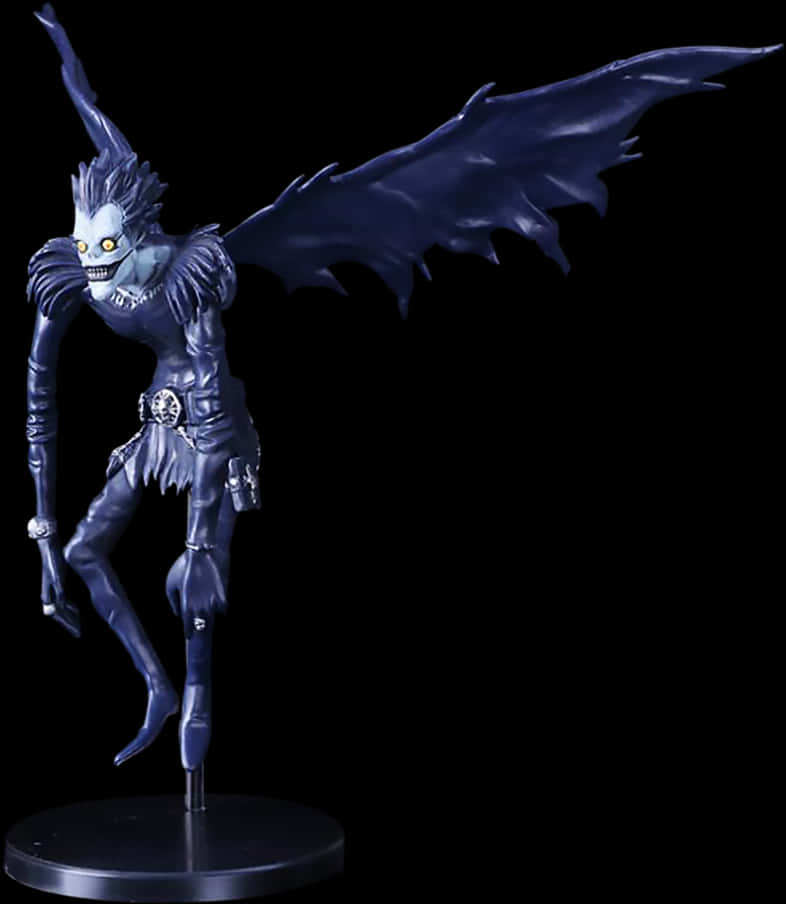 Death Note Ryuk 桌布 壁紙 — 一個深藍色的動漫人偶，描繪一個有翼的骷髏形象，眼睛發出黃光，在黑色背景前擺出姿勢。